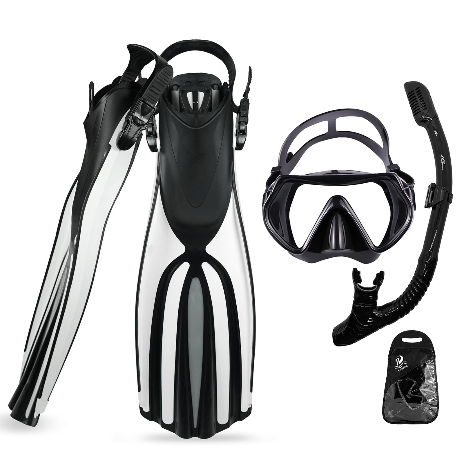 TUDIVING Equipo de Snorkel portátil para Adultos, máscara de Buceo, Snorkel y Aletas de Buceo, Juego de Tres Piezas, Equipo de Snorkel de tamaño de Viaje para Nadar, Hacer Snorkel y bucear
