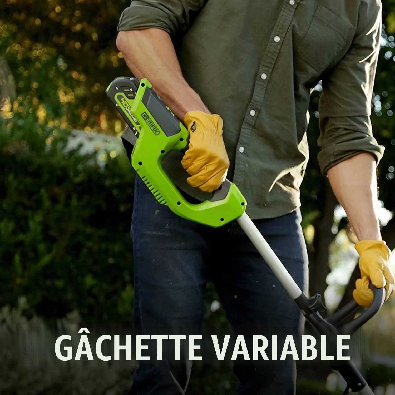 Greenworks Coupe-bordures sans fil à batterie G40LT avec 3 bobines double-fil (Li-Ion 40 V tête de moteur tournante et inclinable entraînement en aluminium sans batterie ni chargeur)