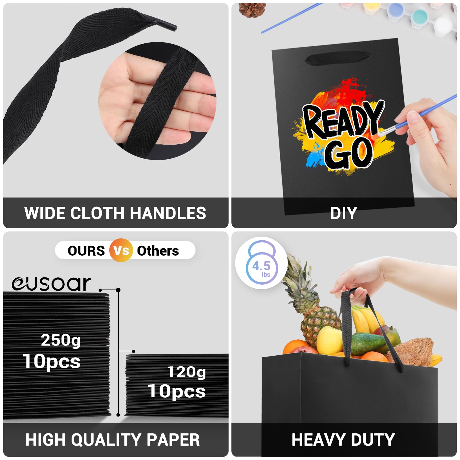 EUSOAR Papiertüte Schwarz - 30 Stück 250GSM Schwarze Hochwertige Tüte- M 20x10x28cm Geschenktasche Mittel- Kraftpapier Einkaufstüten Papier Schwarz- Geschenktüte Mann