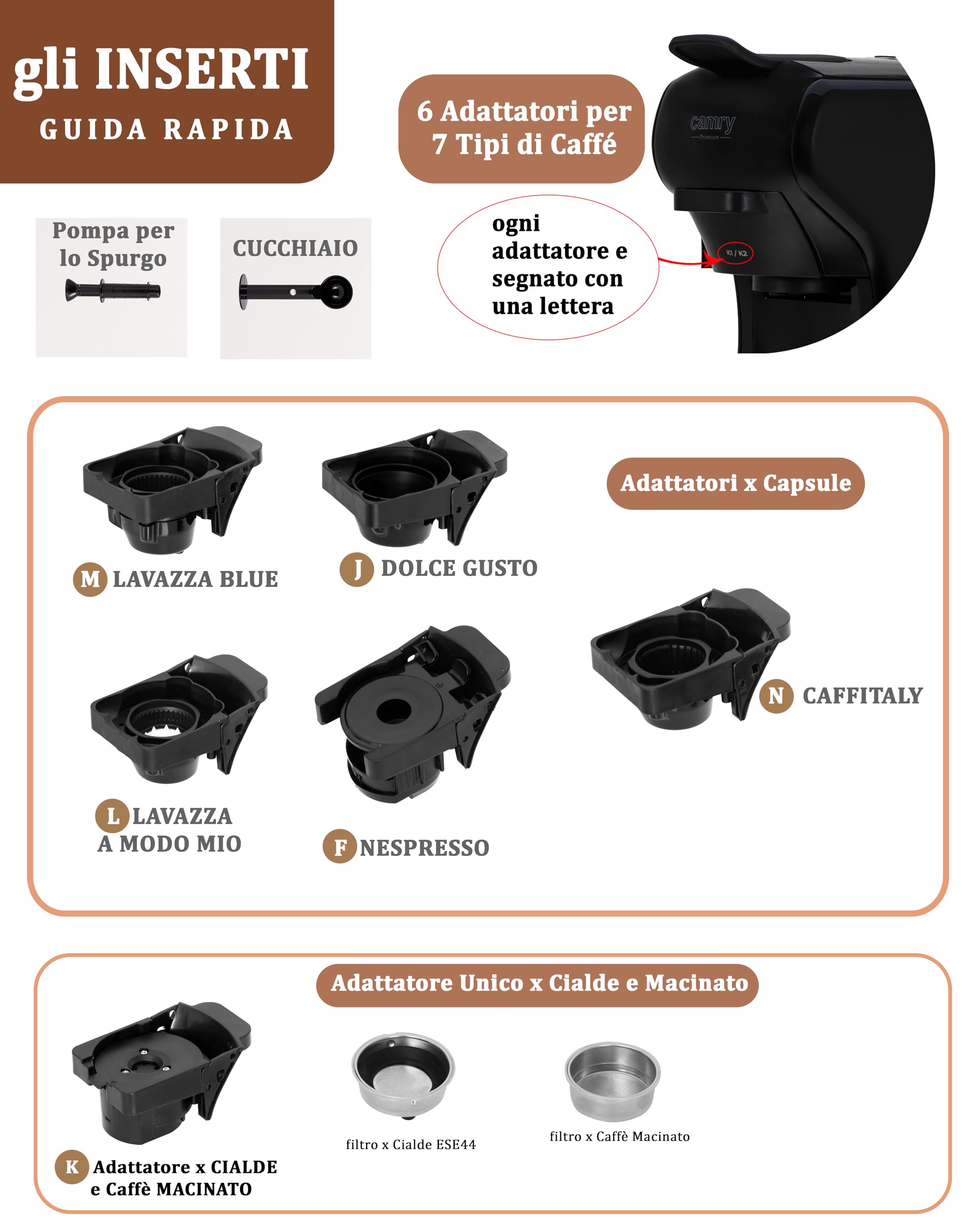 Macchina Caffè CIALDE e CAPSULE 7 in 1 Camry – Compatibile capsule Nespresso, Lavazza A Modo Mio, Dolce Gusto, Caffè Cialde ESE 44, Lavazza Blue, Caffitaly, Caffè Macinato – Kit con 10 Capsule Omaggio