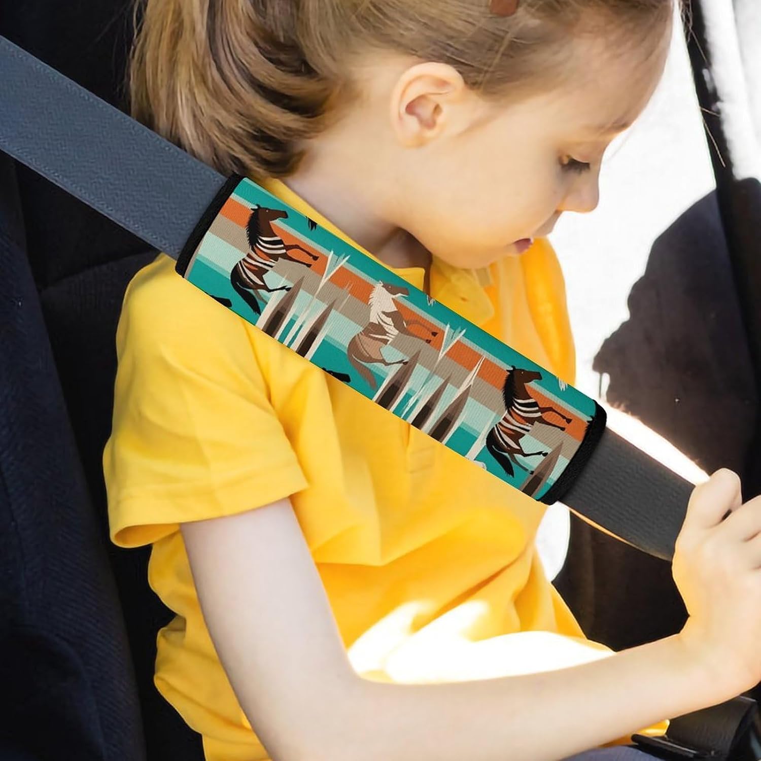 2 PCS Super Soft Car Seat Belt Pad, Cute Horse Stripes Pattern Printed Waterproof Sweat-Absorbing Seat Belt Covers Backpack Shoulder Pad for All Car Seats Baby Strollers