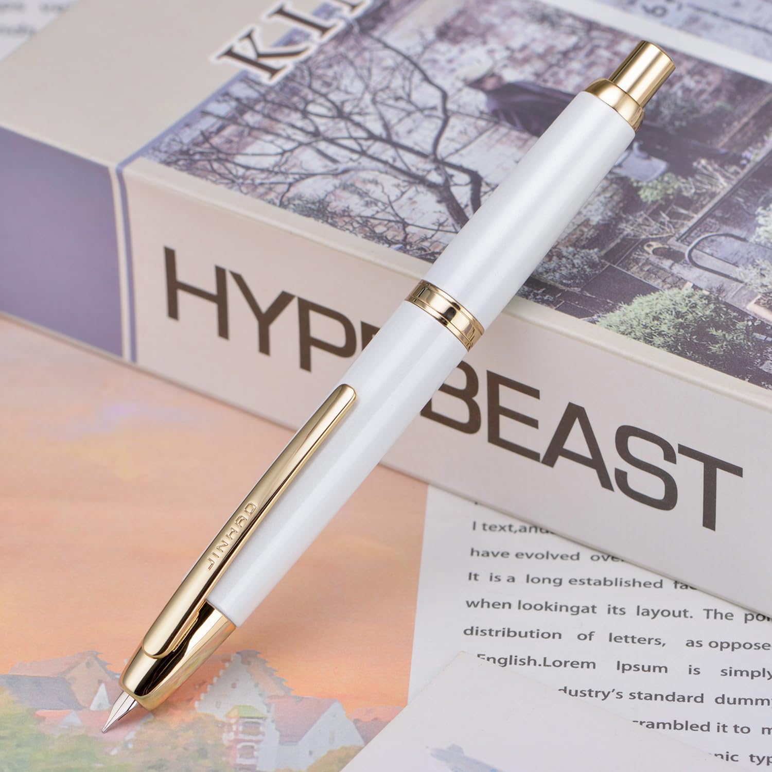 Jinhao 10 Press Fountain Pen with Box, Pearl White Retractable Fine Nib with Converter Set (Golden Clip)