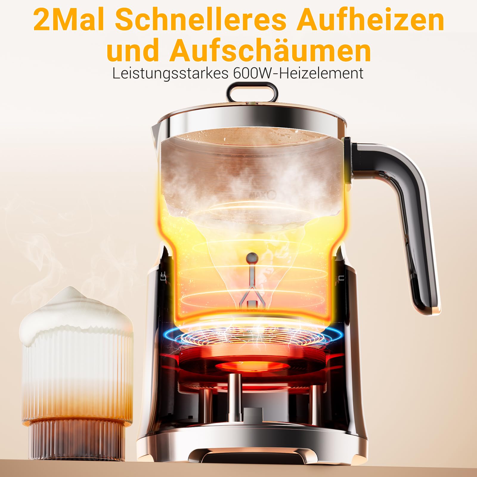 Milchaufschäumer Elektrisch 6-in-1-800ml Automatischer Milchschäumer für Heiße & Kalte Schäume, Spülmaschinengeeignet, Abnehmbares, Leise, für Hafermilch, Sojamilch, Latte, Cappuccino, Schwarz