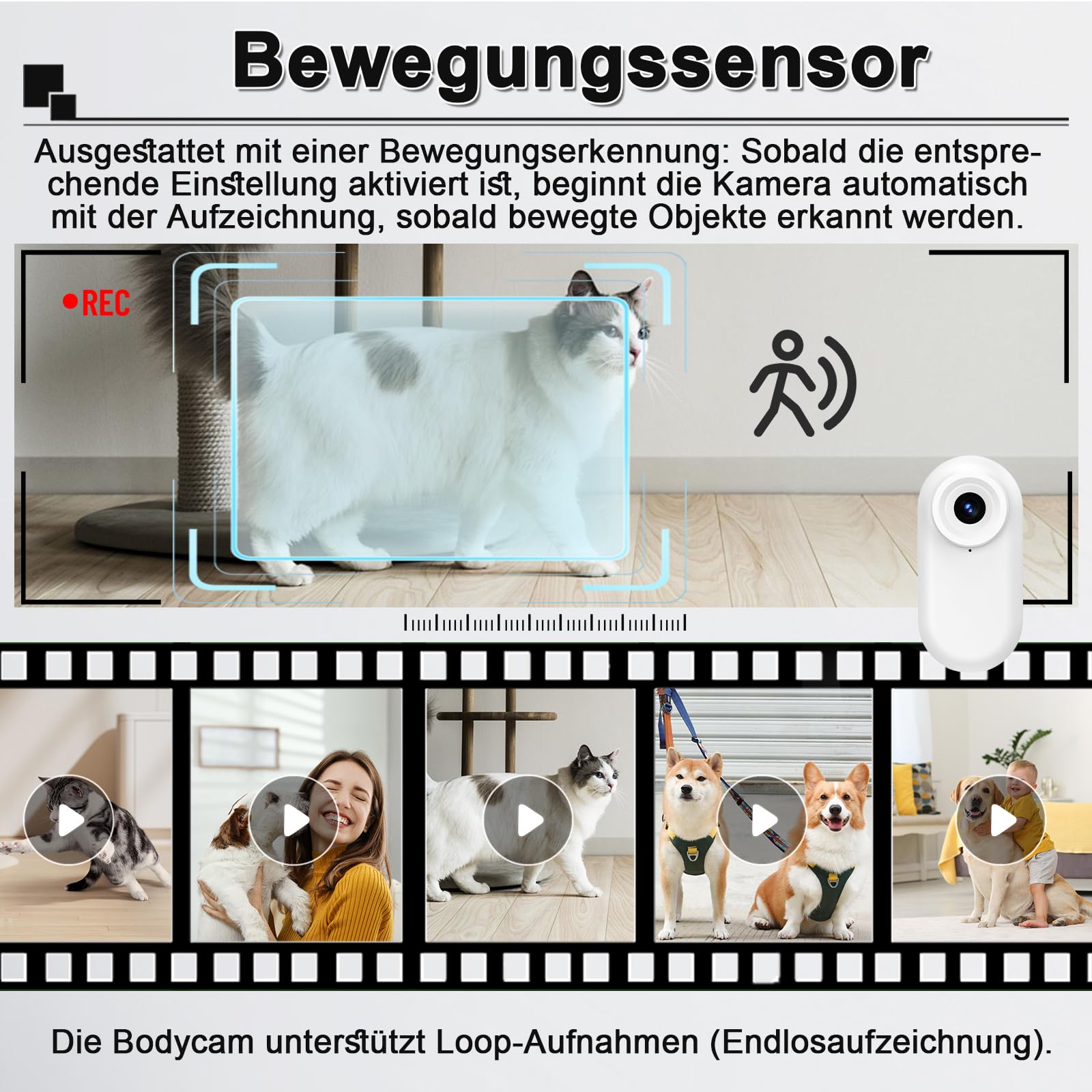 Mini-Bodycam 1080P HD, Tierkamera für Halsbänder mit kabelloser Ladestation – Daumen-Sportkamera mit Bewegungserkennung, 1,47-Zoll-Display und Magnethalterung; kleiner POV-Camcorder für Hunde & Katzen