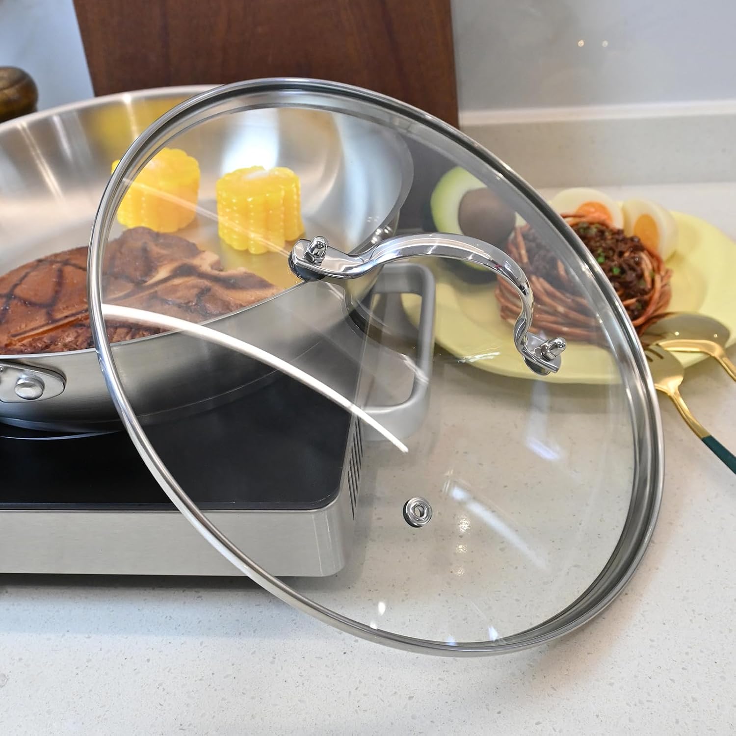 Antrader Tempered Glass Lid,10.5Inch Cookware Glass Replacement Lid For Any Skillet/Frying Pan/Pot (Interior Diameter: 10.18inch, Exterior Diameter: 10.71inch), Clear,Silver
