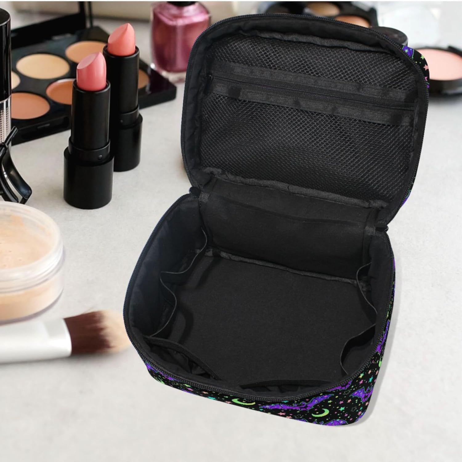 MNSRUU Goth Makeup Bag, Magic Gothic Galaxy Bat Makeup Organizer Bags Toiletry Bag Box Travel Cosmetic Bag Make Up Train Case for Women Teen Girl Ladies Skulls 219