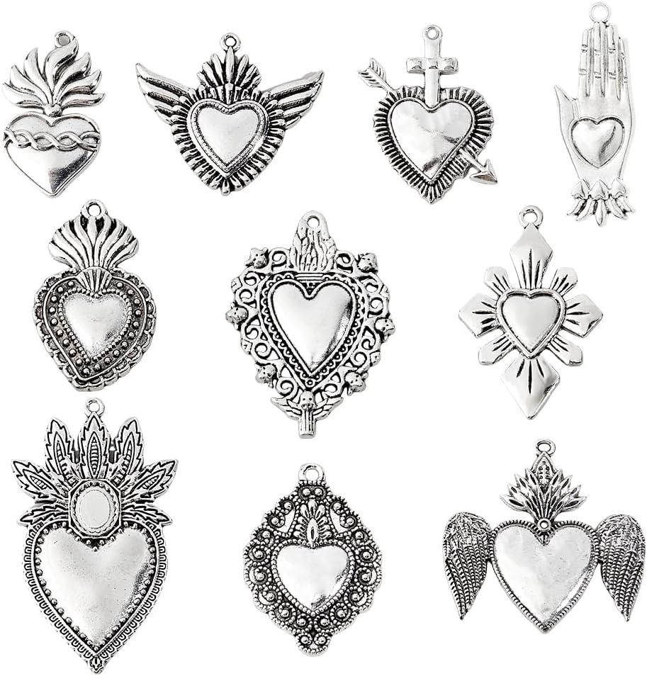 DICOSMETIC 20Pcs 10 Styles Sacred Heart Charm Pendant Gothic Heart Charms Alloy Vintage Love Charms Antique Silver Tibetan Charm for Bracelet Necklace Earring Jewelry Making