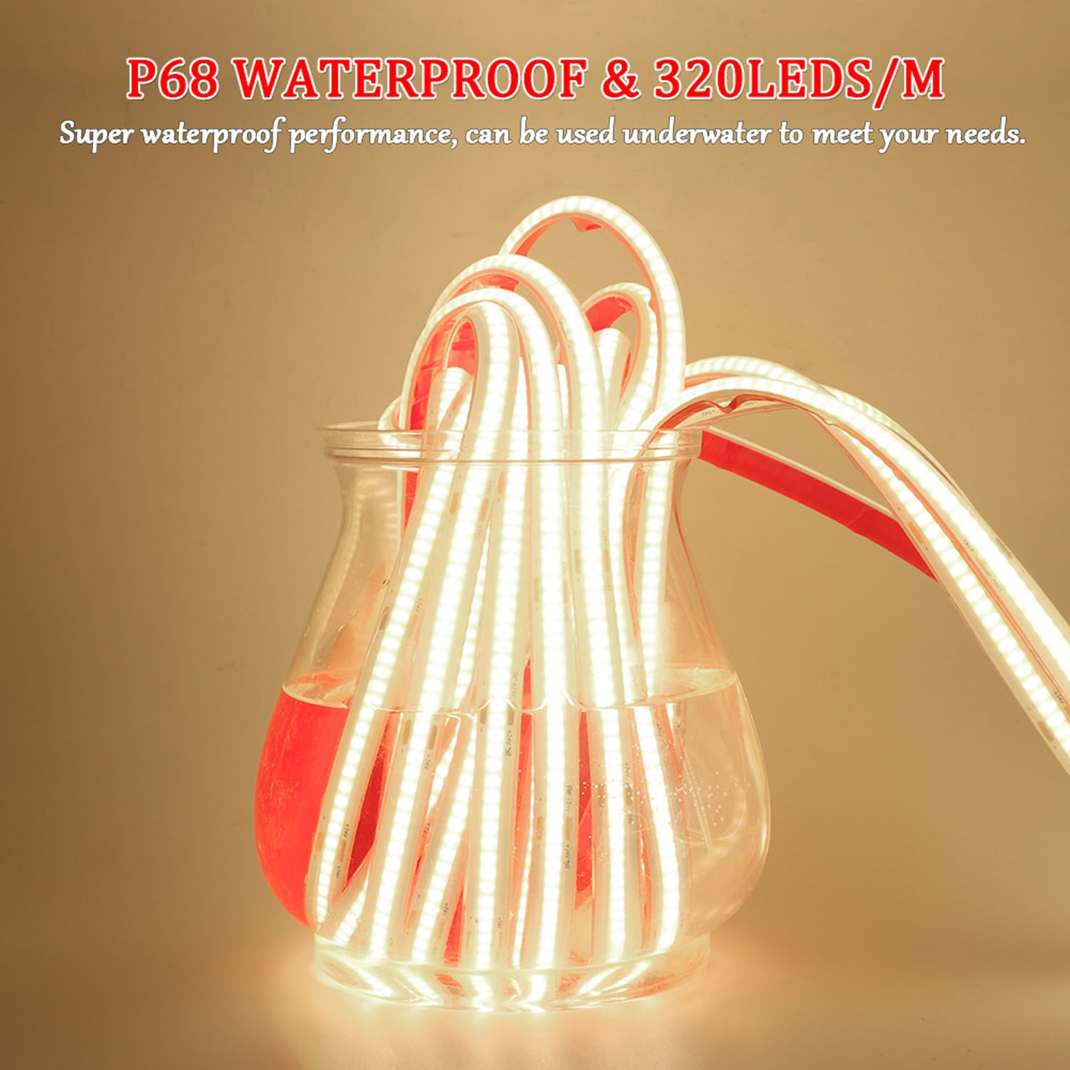 XUNATA 12V Solar COB LED Strip, 16.4ft 320LEDs/m Super Bright Natural White COB LED Strip, 8 Modes Outdoor Light Strip, IP68 Tape Lights Self-Adhesive, Cuttable FCOB LED Band for Courtyard, Christmas