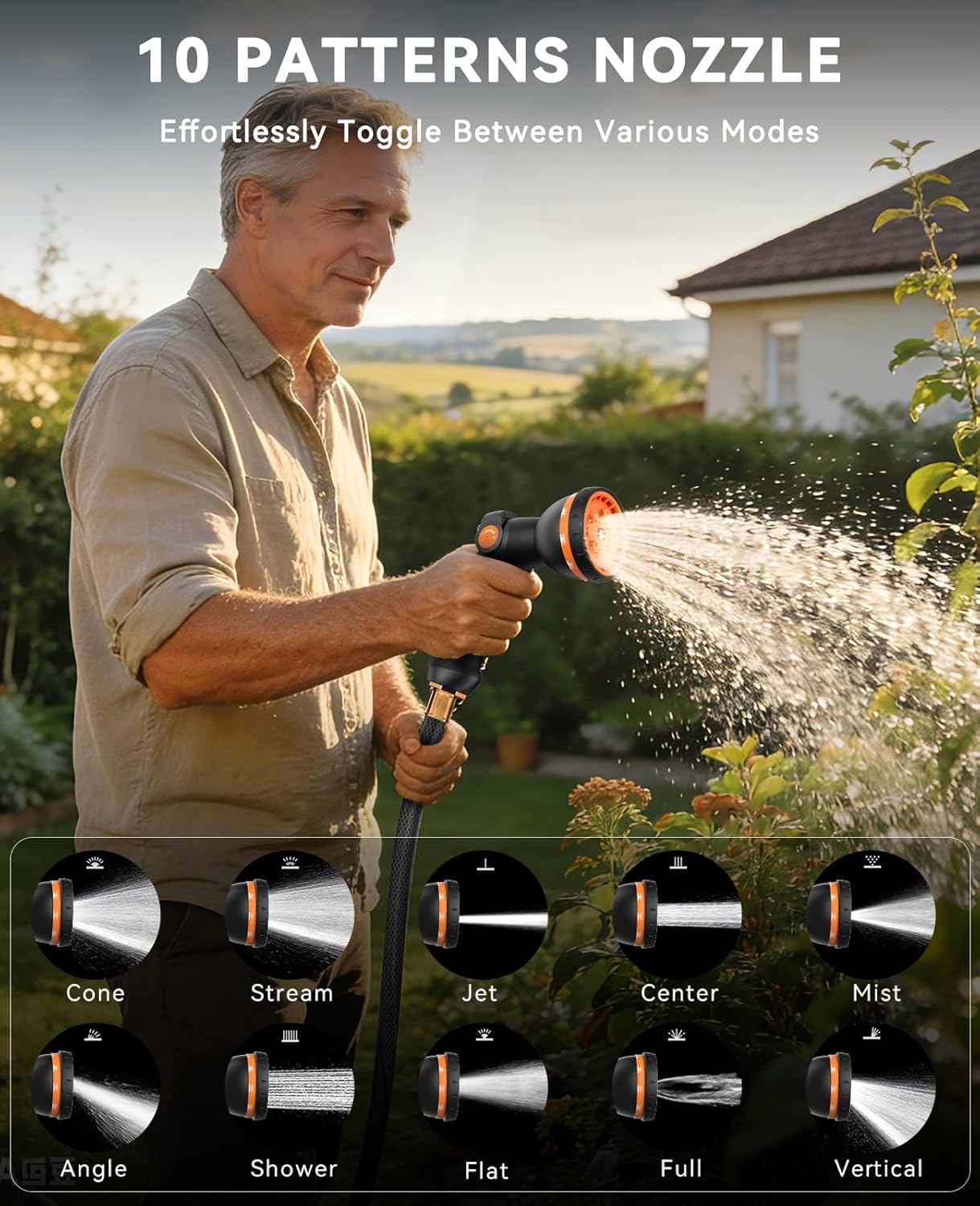 SUNPOW Retractable Garden Hose Reel - 5/8in x 100ft Heavy Duty Wall Mounted Hose Reel with 3/4in Brass Fitting & 10 Function Nozzle - Any Length Lock, Auto Rewind System, 180°Swivel Bracket - Gray