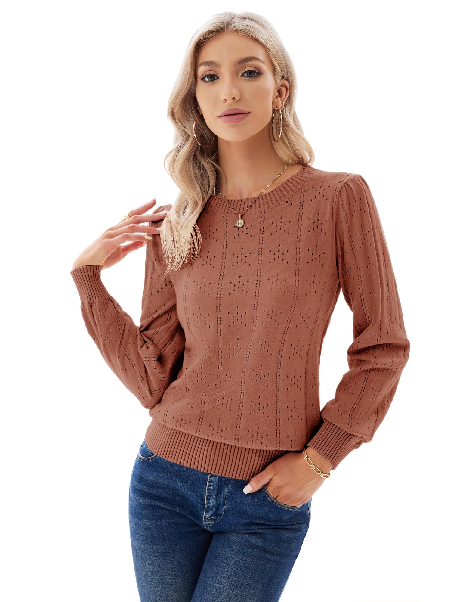 GRACE KARIN Maglia Elegante Donna a Manica Lunga con Scollo a Rotondo Tinta Unita