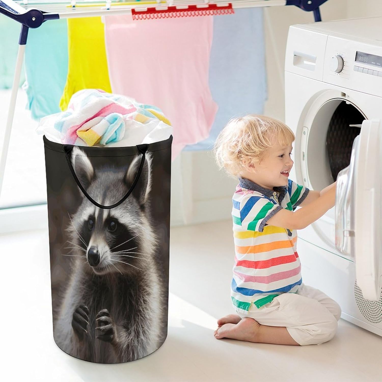 RaccoonLaundry Hamper - Large Dirty Clothes Bag.Storage Basket for Easy Carry Handles. Large Clothes Basket with Handles, Clothing Storage Bucket Toy Organizer for Bathroom Bedroom Dorm.