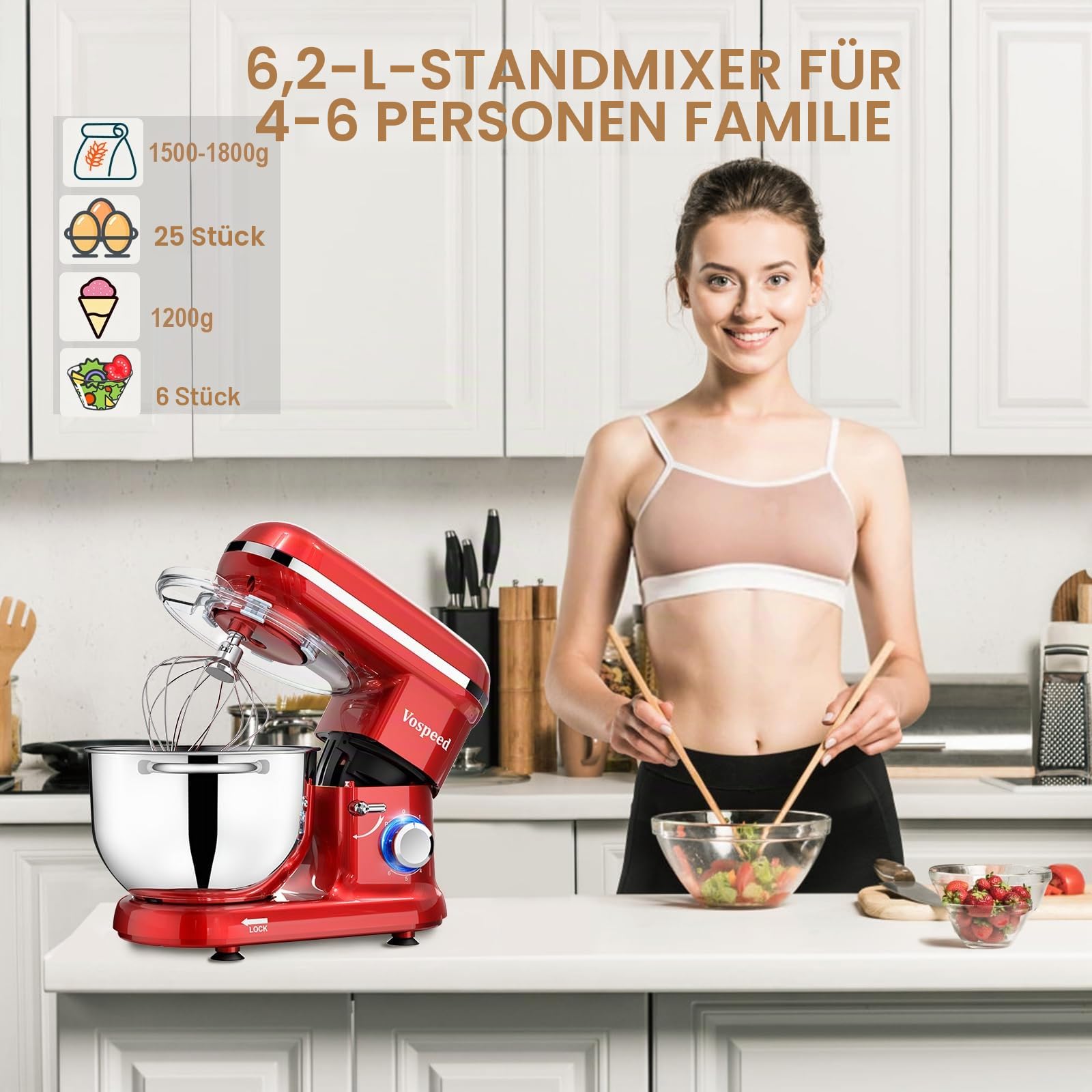 Küchenmaschine Knetmaschine zum Backen, Vospeed 6 Geschwindigkeit Elektrischer Küchenmixer mit 6.2QT Schüssel, Rührbesen, Haken, Schneebesen, Eiertrenner (Rot)