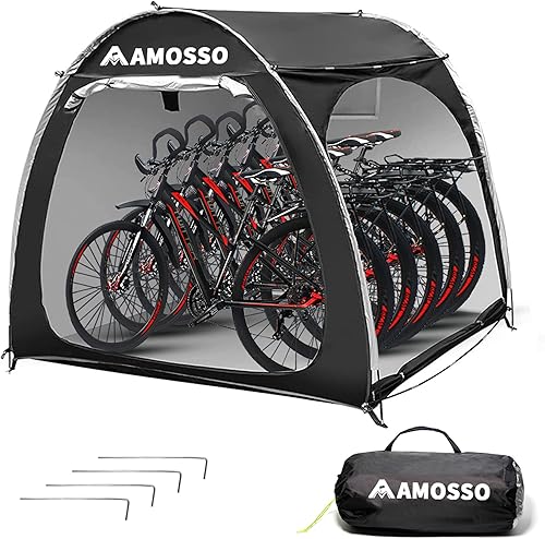 AMOSSO Cobertizo de 4 o 5 bicicletas, extra grueso, revestimiento de plata Oxford Oxford impermeable y resistente al sol, apertura de doble cara,