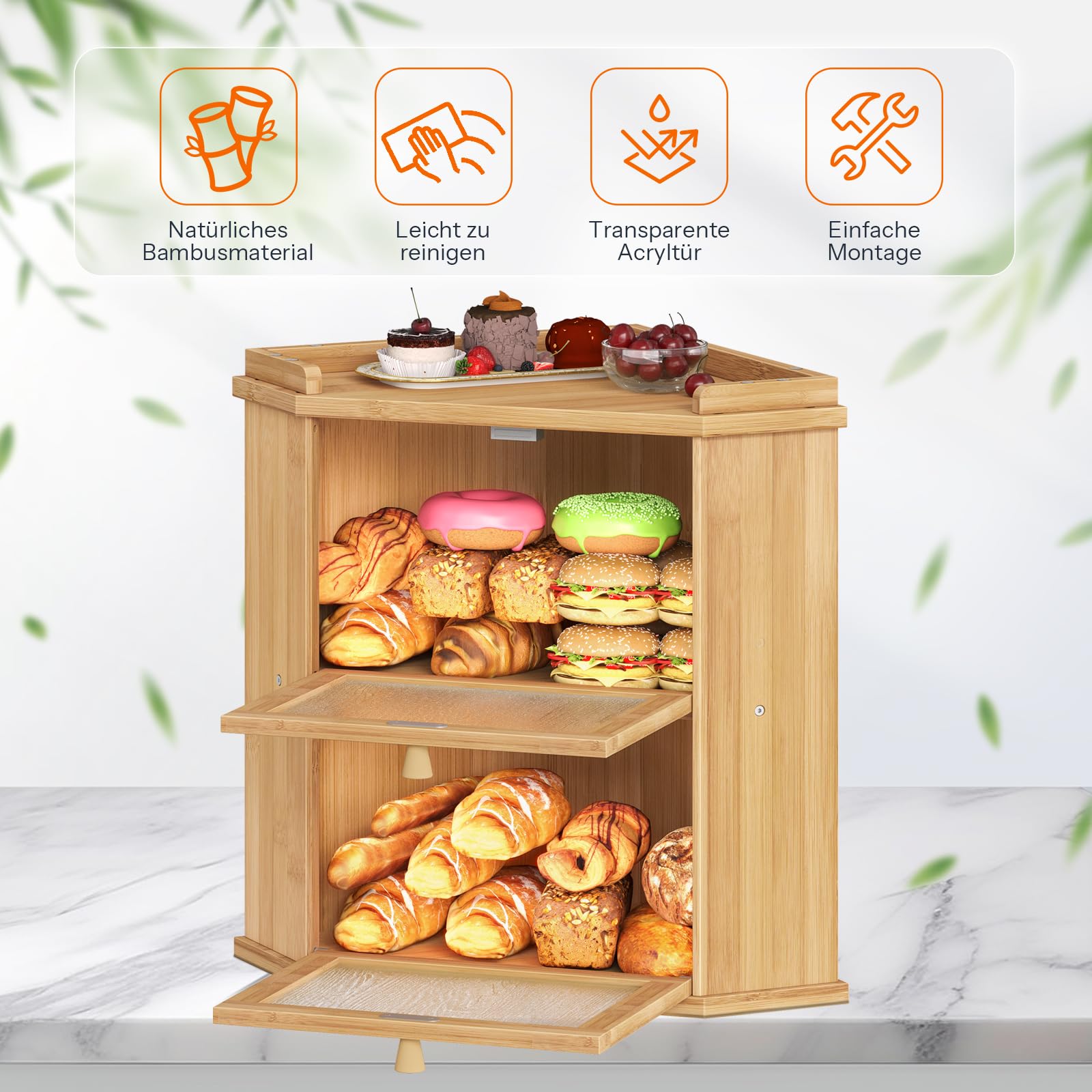 HOOBRO Brotkasten Bambus, 2-lagige Brotkorb mit Oberem Fach, Brotbox, Brotaufbewahrung für Brötchen und Gebäck, Brotbehälter, Brotbehälter für Küche und Esszimmer, Natur EYL19MB01