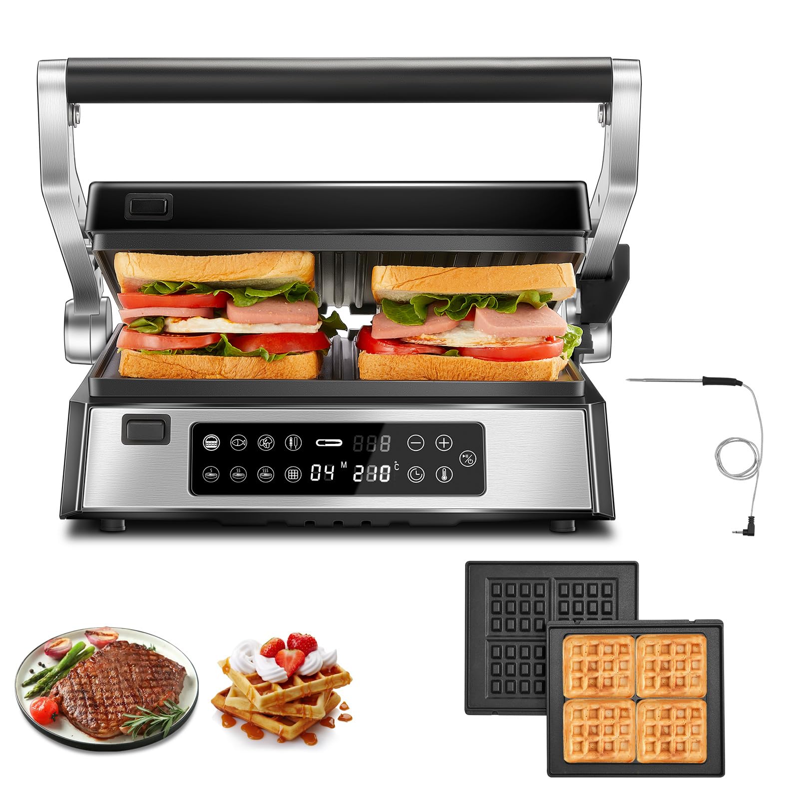 FOHERE XL Kontaktgrill Multifunktionaler, 4 in 1 SandwichMaker & Waffeleisen 2200W mit 4 Antihaftbeschichteten abnehmbaren Platten, individuelle Zeit und Temperatur, LED-Anzeige, 8 Programme