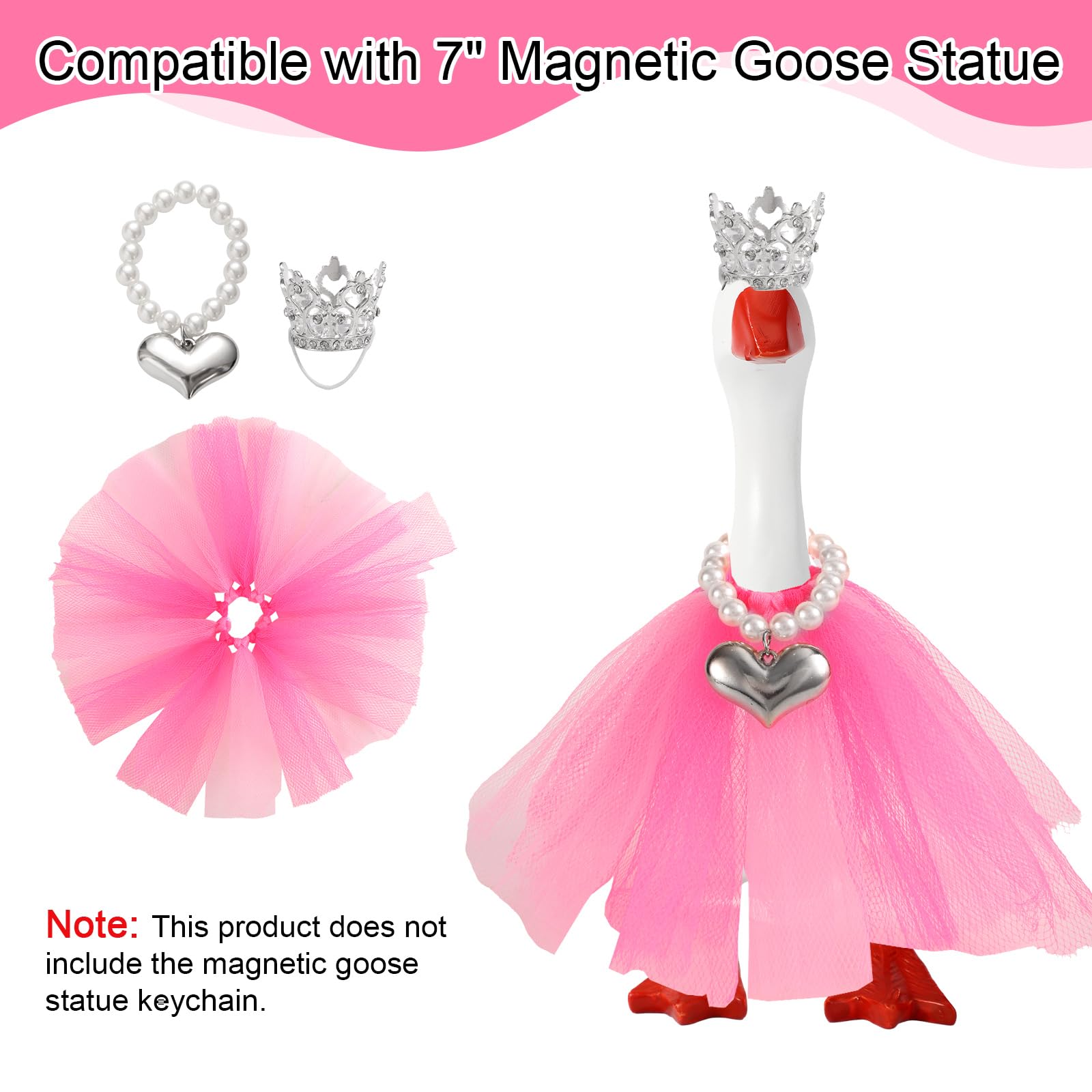 Penitue 3 Pcs Mini Desk Goose Outfit Set, Small Crown Heart Necklace & Tutu Skirt Tiny Pink Princess Costume for 7in/17.8cm Magnetic Miniature Goose Statue Keychain Decoration - Image 3