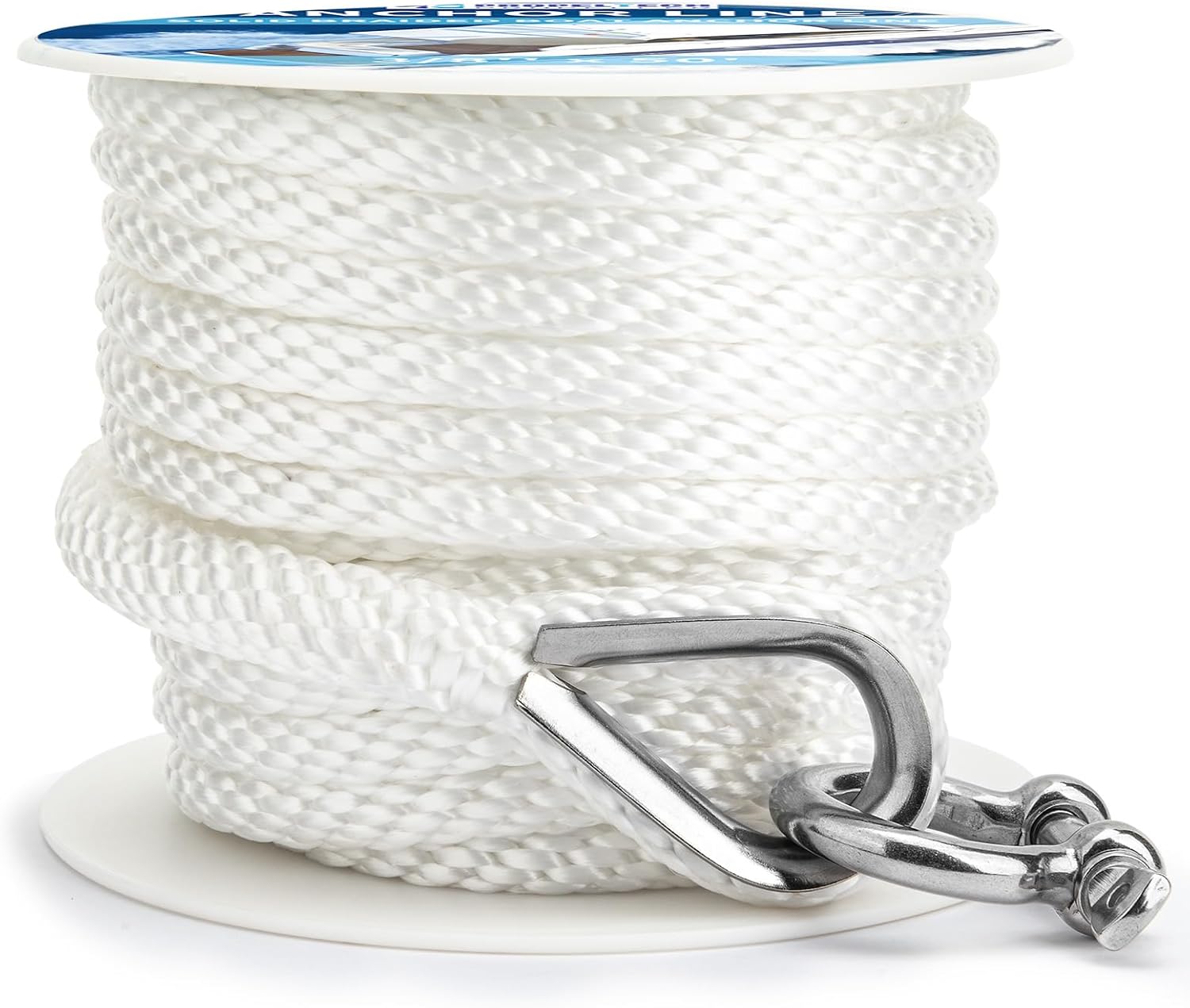 Anchor Rope Braided Anchor Line(White, 3/8" x 50') Premium Solid Braid MFP Boat Rope with Stainless Steel Thimble & Shackle, Quality Marine Line, Boat Accessories - Image 2