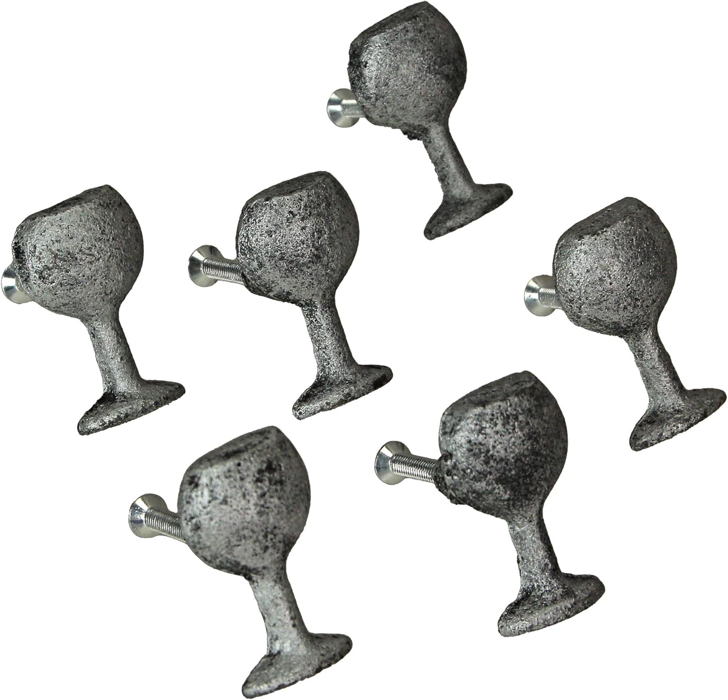 Zeckos Set of 6 Antique Silver Finish Cast Iron Wine Glass Decorative Drawer Pulls Cabinet Knobs - Vintage Elegance for Stylish Home Decor - 1.75 Inches High