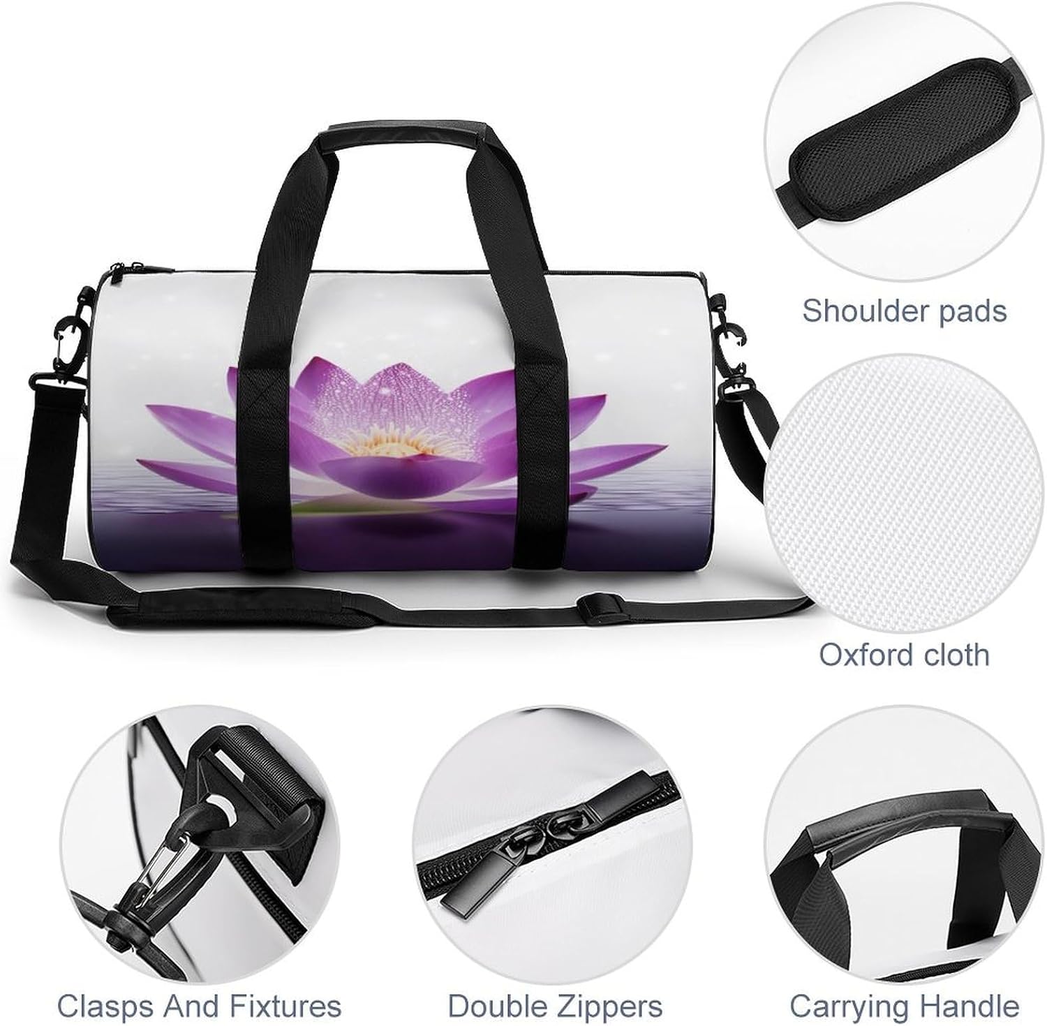 Aesthetic Sports Bag for Women Flower Purple Printed Duffle Travel Bag for Men Women Mini Workout Bags Cylindrical Gym Bag