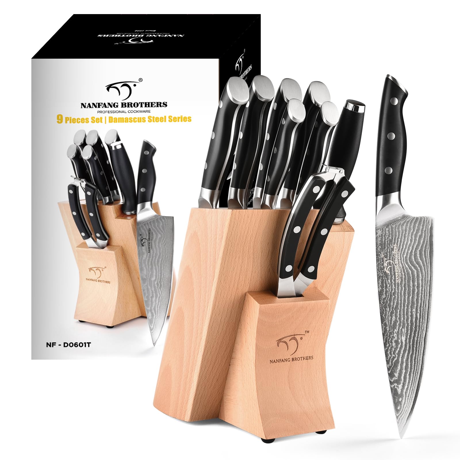 NANFANG BROTHERS Knife Set, 9 Piece Knife Block Set with Damascus Steel, Kitchen Knife Set Sharpening for Chef Knife, Meat Scissors, Carving Fork, Ergonomic Handle