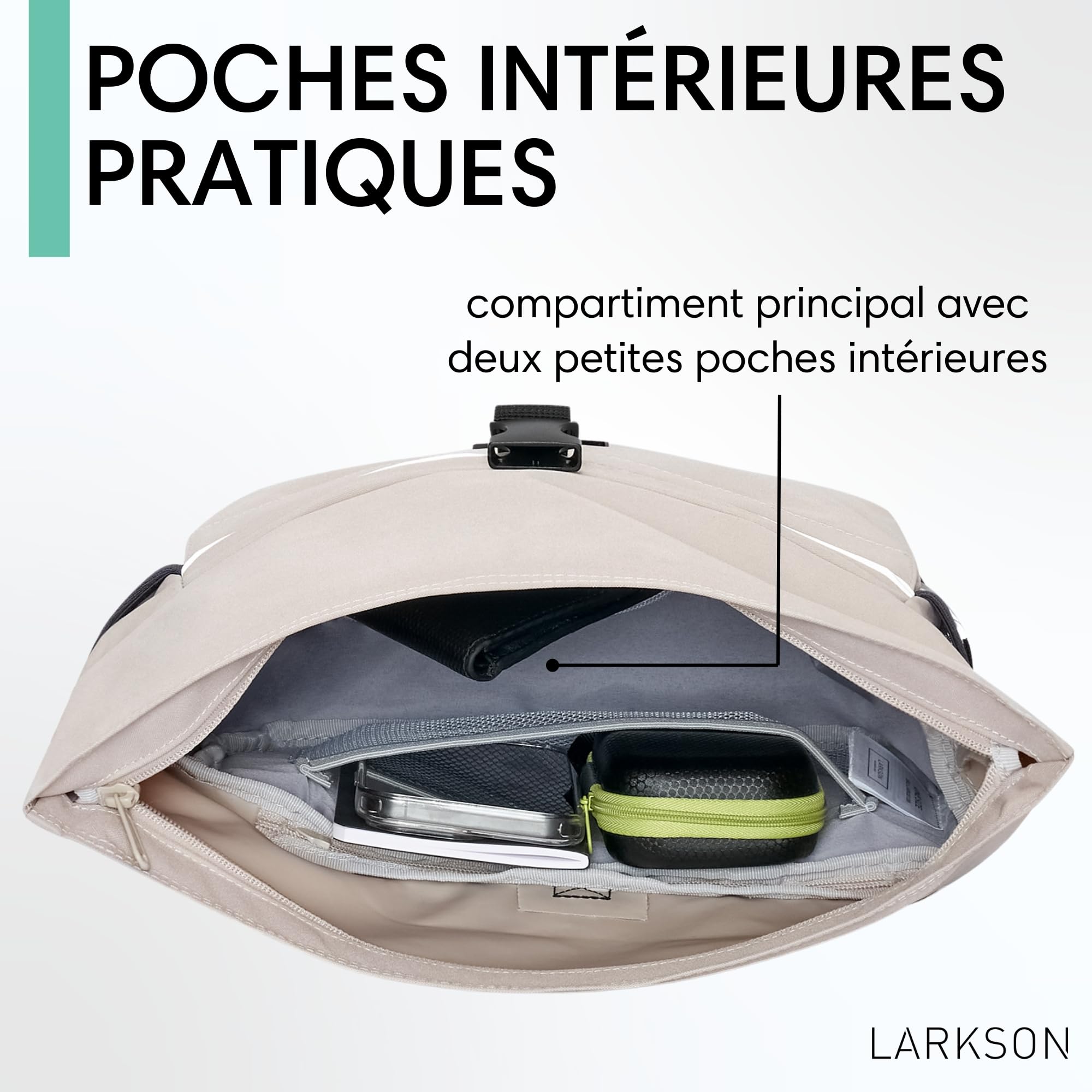 LARKSON Sacoche de Guidon Vélo Beige - Lasse - 2 en 1 Sacoche de Vélo & Sac à Bandoulière - Sacoche Bikepacking pour Guidon Avant avec Réflexion - Hydrofuge