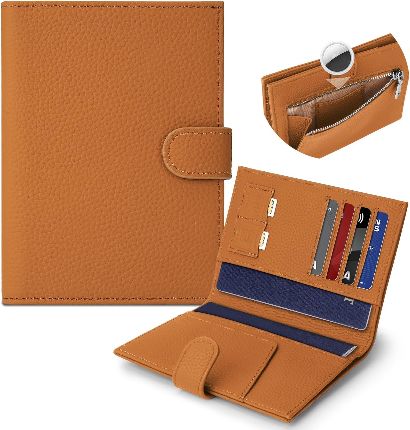 Genuine Leather Passport Holder for Women Men, Hidden Airtag Pocket, RFID Blocking, Zippered Coins Pocket & Cash Compartment Travel Gifts Essentials Passport Cover Case - Yellowish-brown