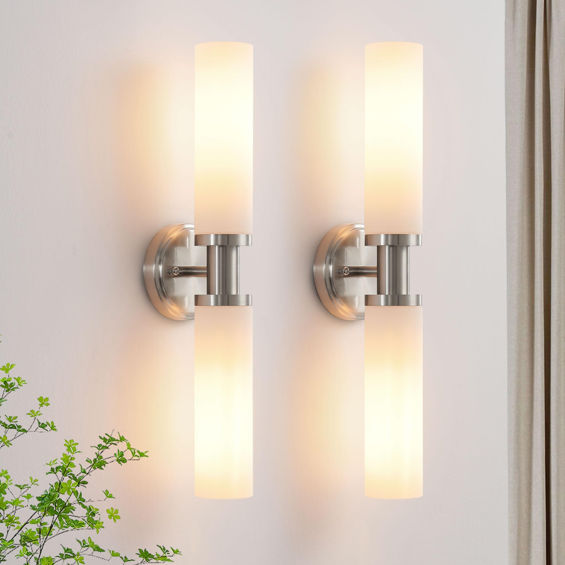Wall Sconces Set of Two,Brushed Nickel Bathroom Sconces Wall Lighting with White Glass, Modern Sconces Wall Decor Set of 2 Wall Light fixtures for Bathroom Mirror Living Room Hallway Bedroom Wall Lamp