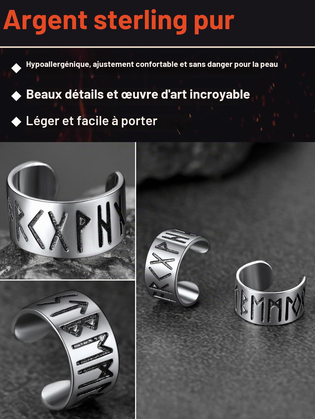 FaithHeart Boucle d'oreille Viking Argent Homme Femme,Clip d'oreille Nordique Runes Manchette doreille Homme,Bijoux Gothique Punk (Boîte Cadeau)