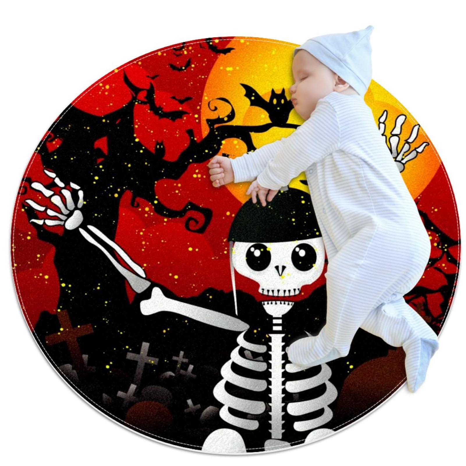 Tapis d'Halloween squelette rond 100cm pour salon et chambre enfant
