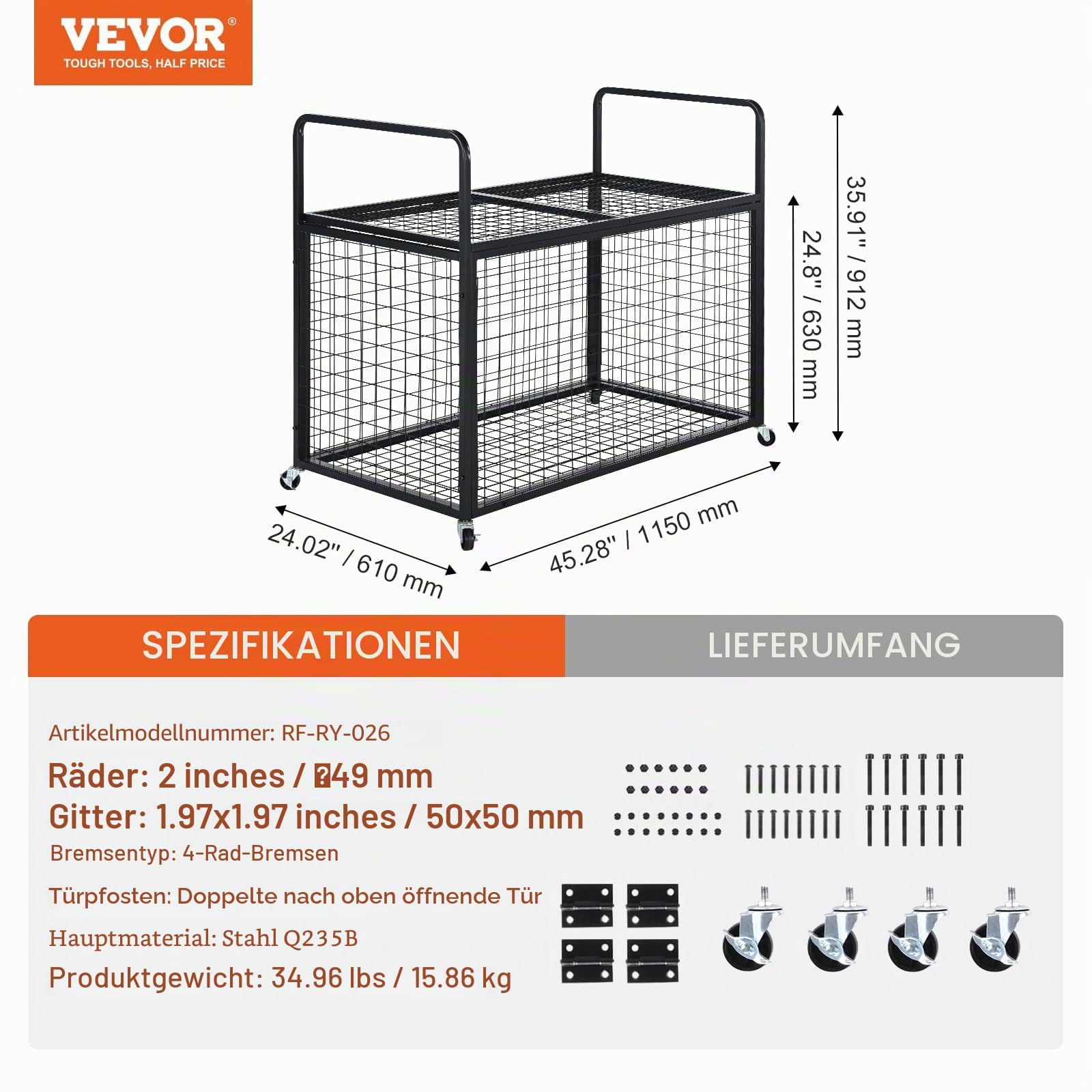VEVOR Ballwagen Rollwagen 1150 x 610 x 912 mm Sportbällen, Abschließbarer Basketballkäfig Ballkäfig, Sportausrüstung für den Innen- und Außenbereich, Rollbar Aufbewahrungswagen aus Stahl für Garagen