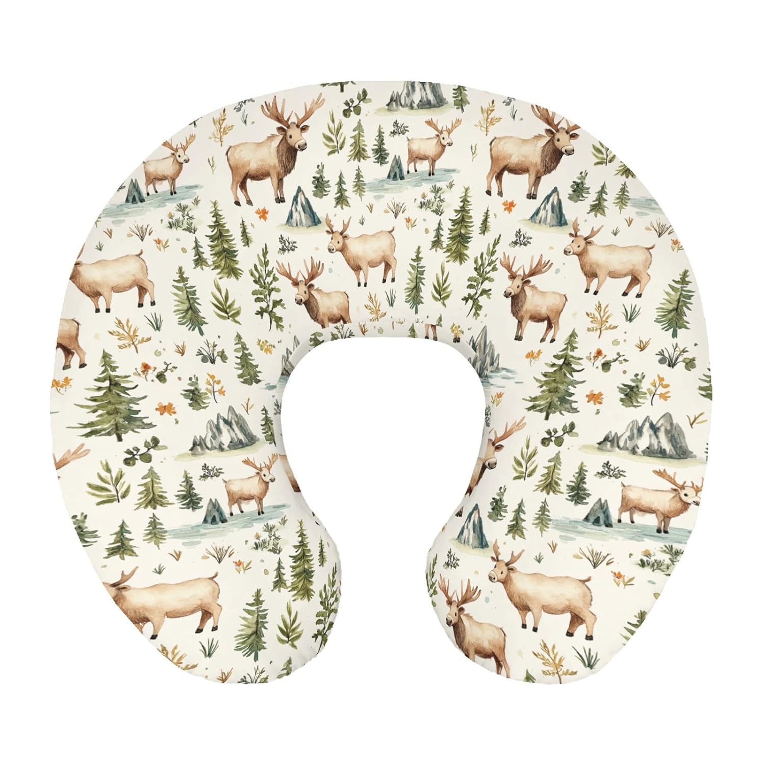 Vintage Moose Pine Trees Mountain Nursing Pillow Cover for Baby Girls Boys Retro Tree Floral Leaves Cover for Breastfeeding and Bottle Feeding for Newborn Infant Wild Animals Pillowcase
