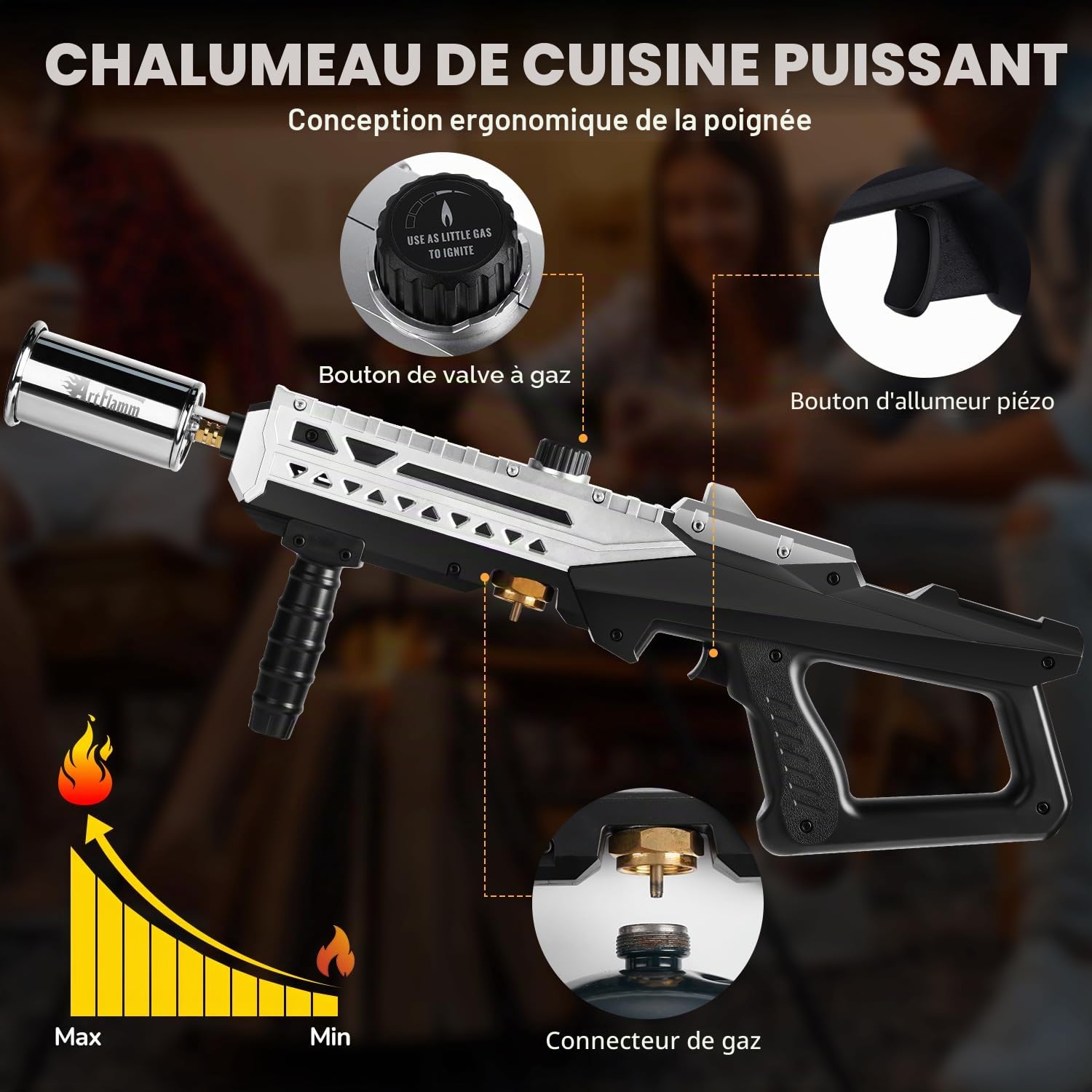 ARTFLAMM Chalumeau puissant pour gril | Chalumeau au propane, lance-flammes réglable | Chalumeau pour barbecue, camping, allume-charbon et démarreur de feu