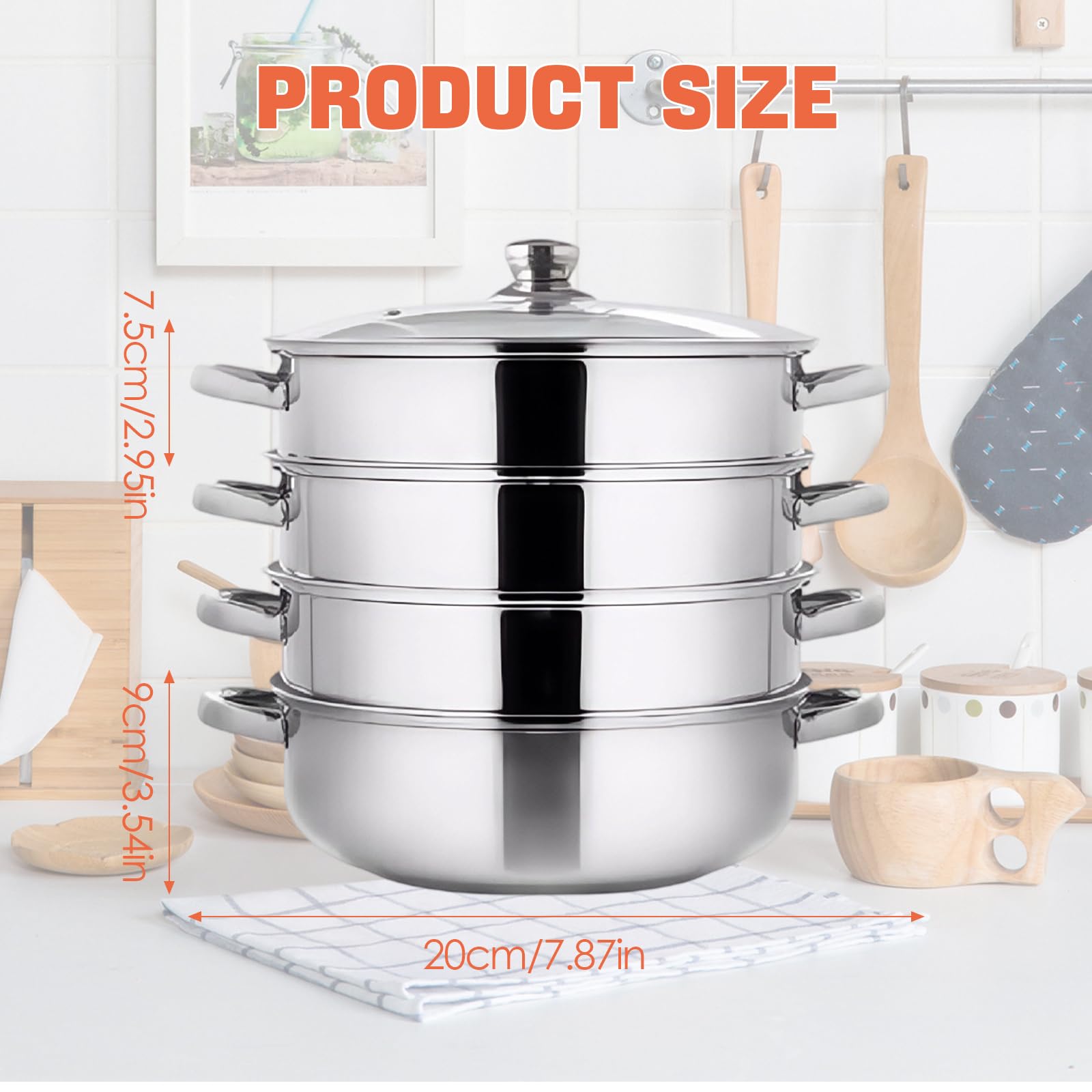 Vaporera para cocinar al vapor, 28 cm, acero inoxidable con inserto de vapor, 3/4 niveles con tapa para cocinar verduras, sopas, mariscos, guisos y pasta (cuatro)