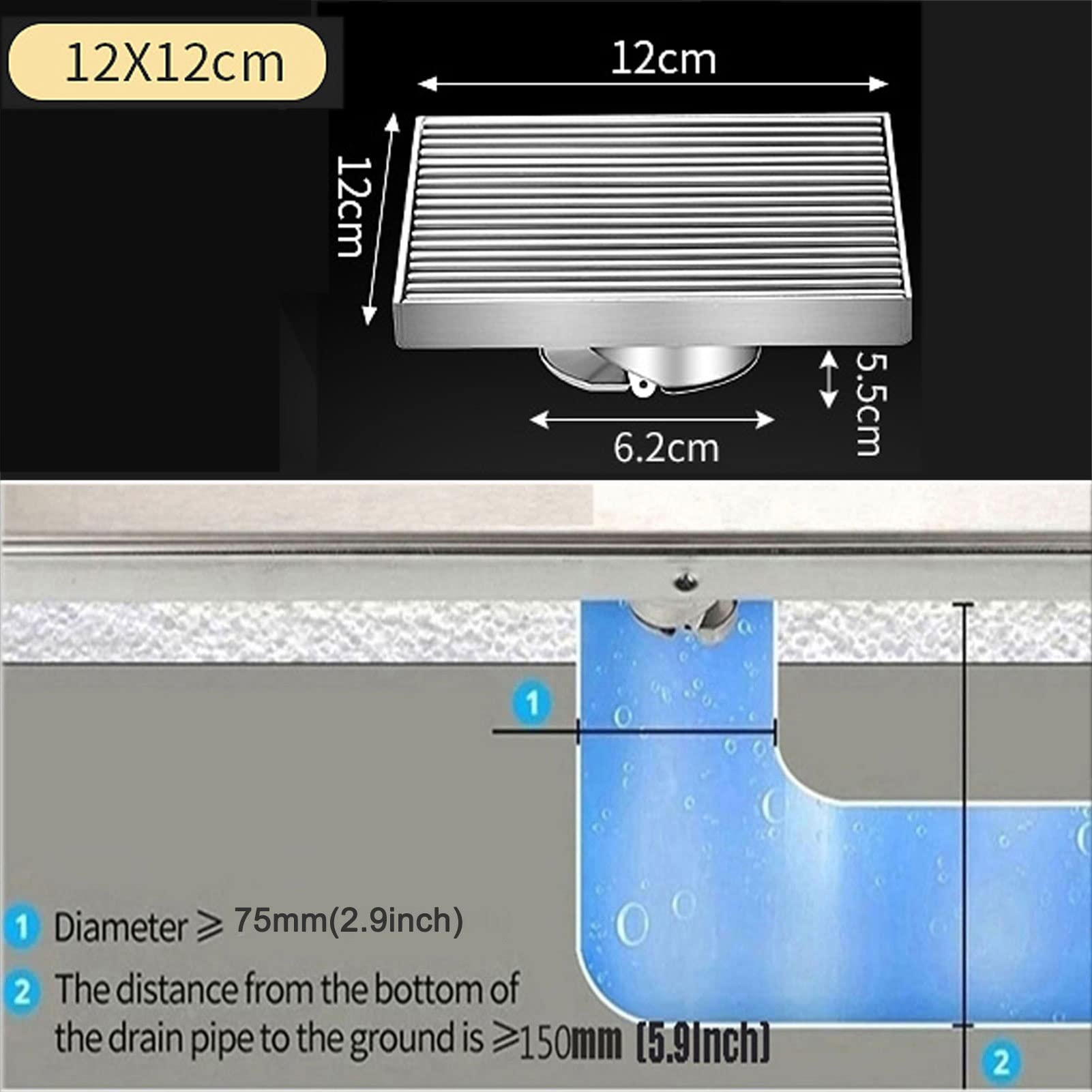 SUS304 Égouttoir de douche carré brossé avec filtre à cheveux et couvercle amovible Gris 12 x 12 cm