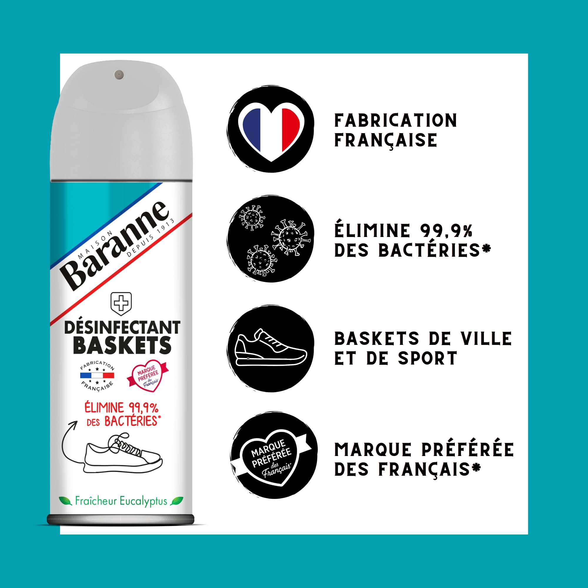 Visiter la boutique Baranne Baranne - Désinfectant Baskets | Élimine 99,9% des Bactéries | Fraîcheur Eucalyptus | Assainit Chaussures de Ville & Sport | Fabriqué en France | Aérosol 150ml in use