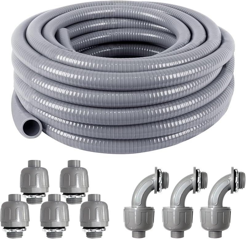 3/4 Inch 25ft Electrical Conduit Kit UL Certification,3/4 Flex Conduit | Flexible Metallic Liquid Tight Electrical Conduit,Flexible Metallic Conduit with 5 Straight,3 90-Degree Connector Fiting