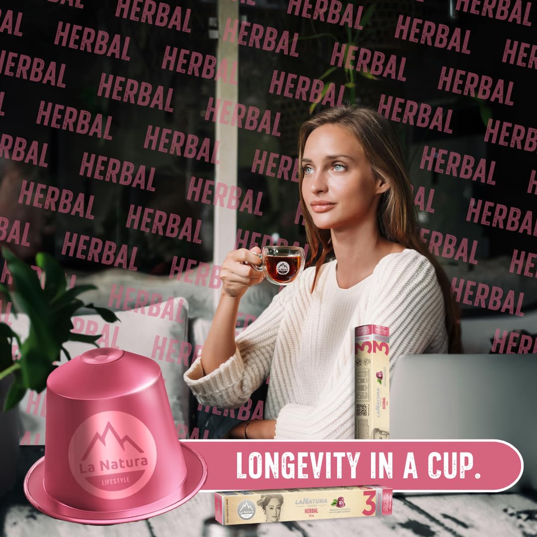 La Natura Lifestyle 120 x herbata ziołowa w kapsułkach aluminiowych, kompatybilne z ekspresami na kapsułki Nespresso®³, w 100% nadaje się do recyklingu, mistrzowskie połączenie wyselekcjonowanych