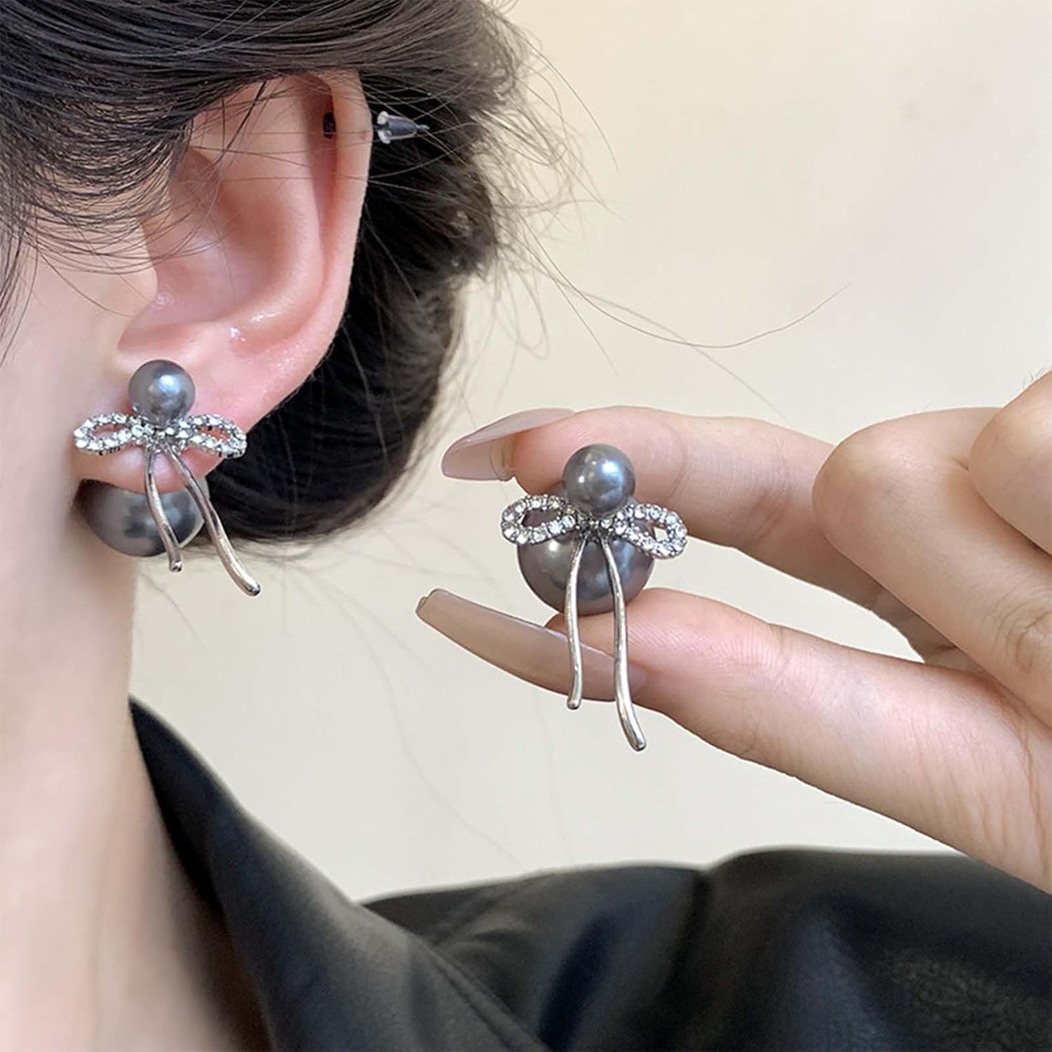 Bohemian Gray Pearl Ear Jacket Earrings Pearl Ball Stud Earrings Crystal Bow Front Back Earrings Round Pearl Double Way Earrings Cz Bowknot Earrings Jewelry for Women - Image 2