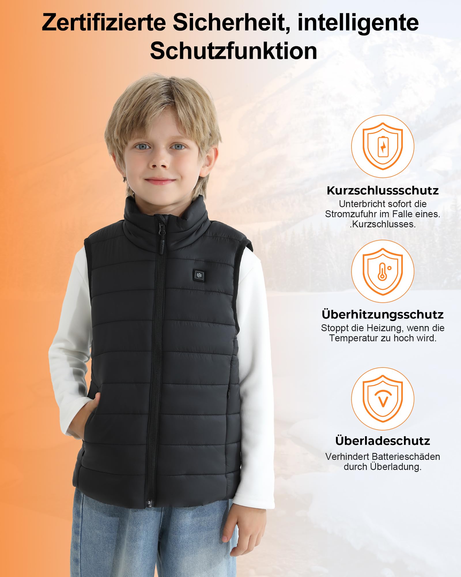 Unisex Heizweste Kinder mit Powerbank 12000mAh 7,4V, Leichte Beheizbare Weste Kinder mit 5 Heizzone, Elektrisch Heizweste Jungen und Mädchen für Outdoor