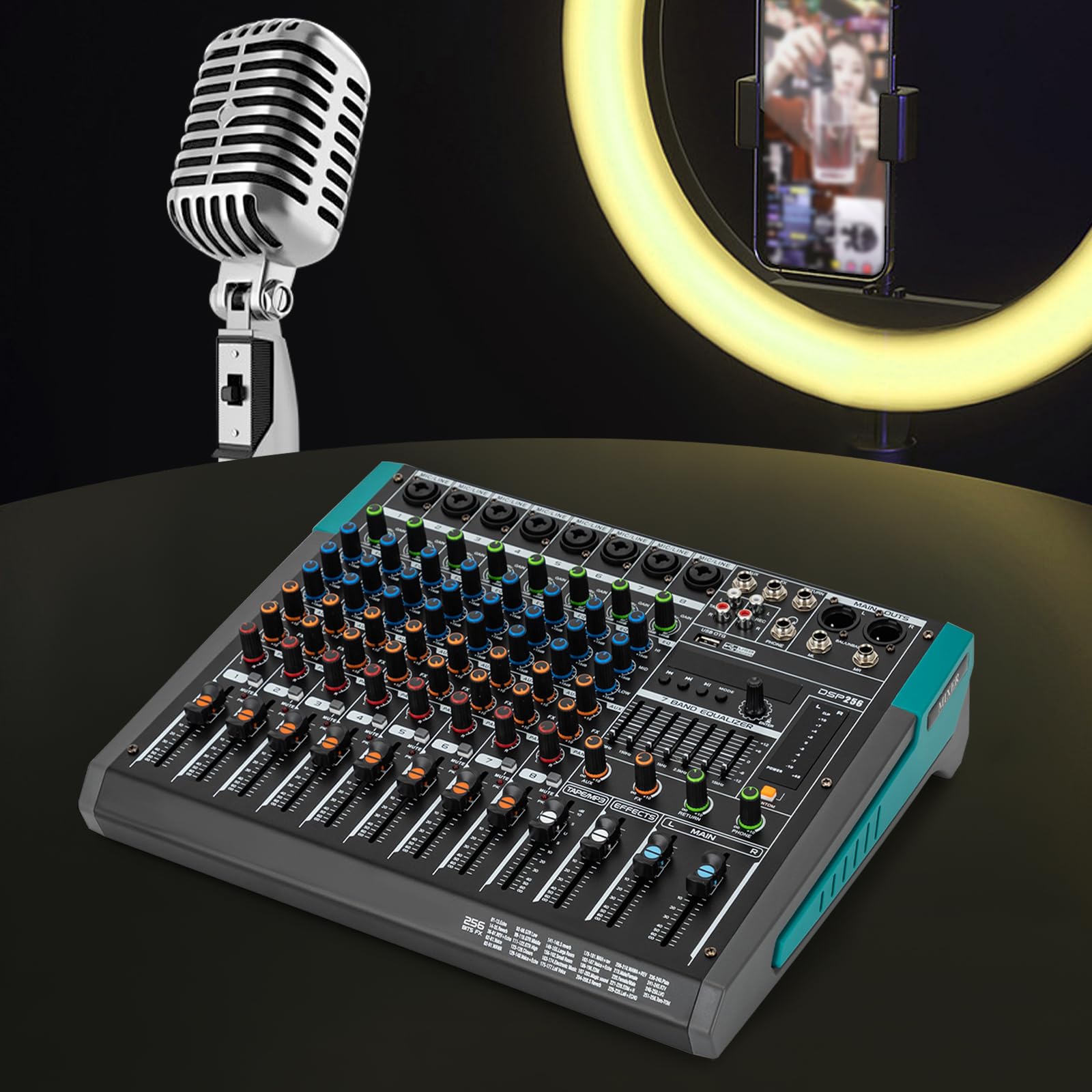 Mixer audio, mixer audio a 8 canali, alimentazione phantom, 256 effetti secondari, con Bluetooth, USB, display LCD, sale privacy KTV, studi di registrazione, nero