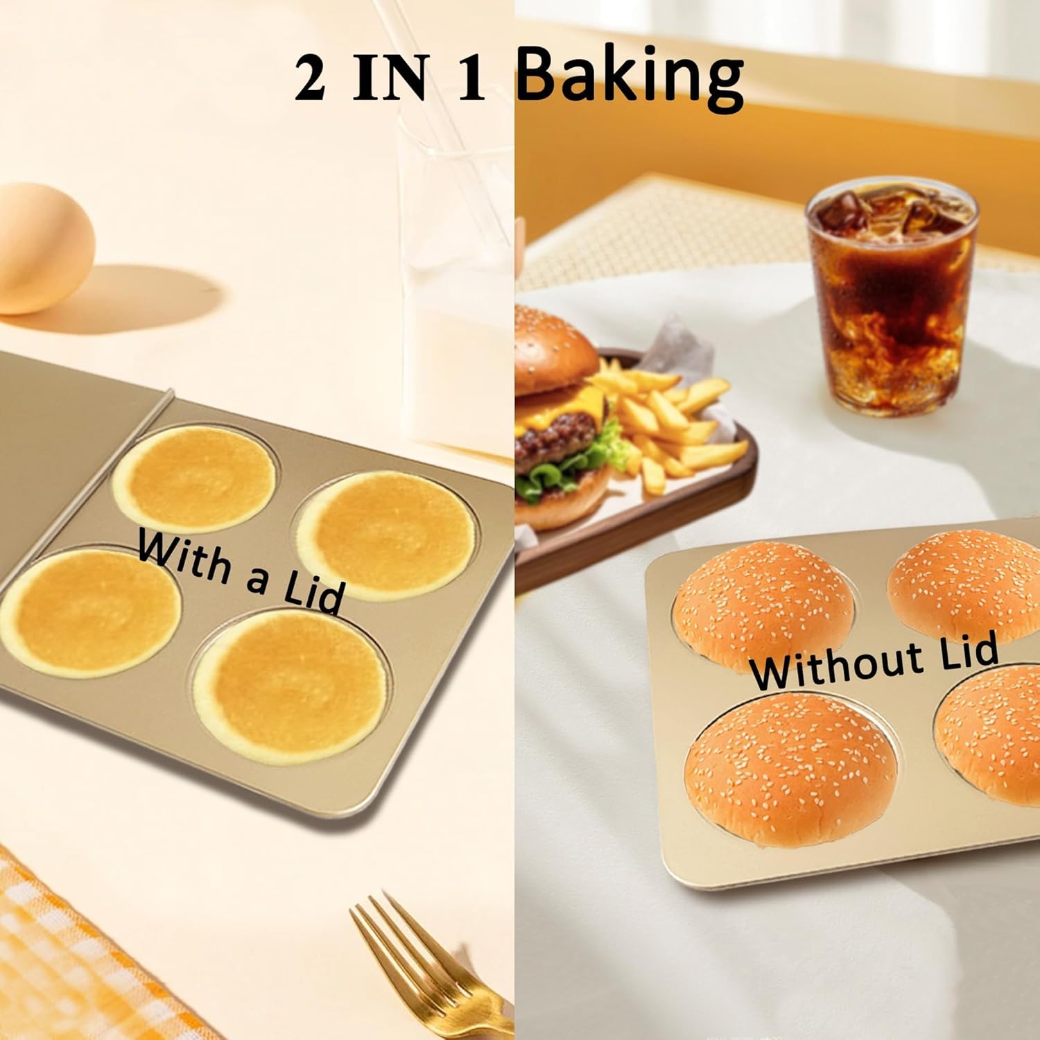 6 Cup Muffin Top Pan for Baking, Nonstick Hamburger Bun Pan, Straight Side English Muffin Cupcake Pans with Lid, Jumbo Muffins Pans for Baking Egg Sandwich Quiche Pancake, Gold (Round Shape)