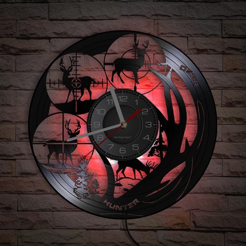 12 Inch Deer Hunt LED Wall Clock with 7 Luminous Modes, Silent Quartz Non Ticking Vintage Decorative Deer Hunting Analog Black Vinyl Record Wall Clock Gift for Hunters Man Cave Bedroom Decor