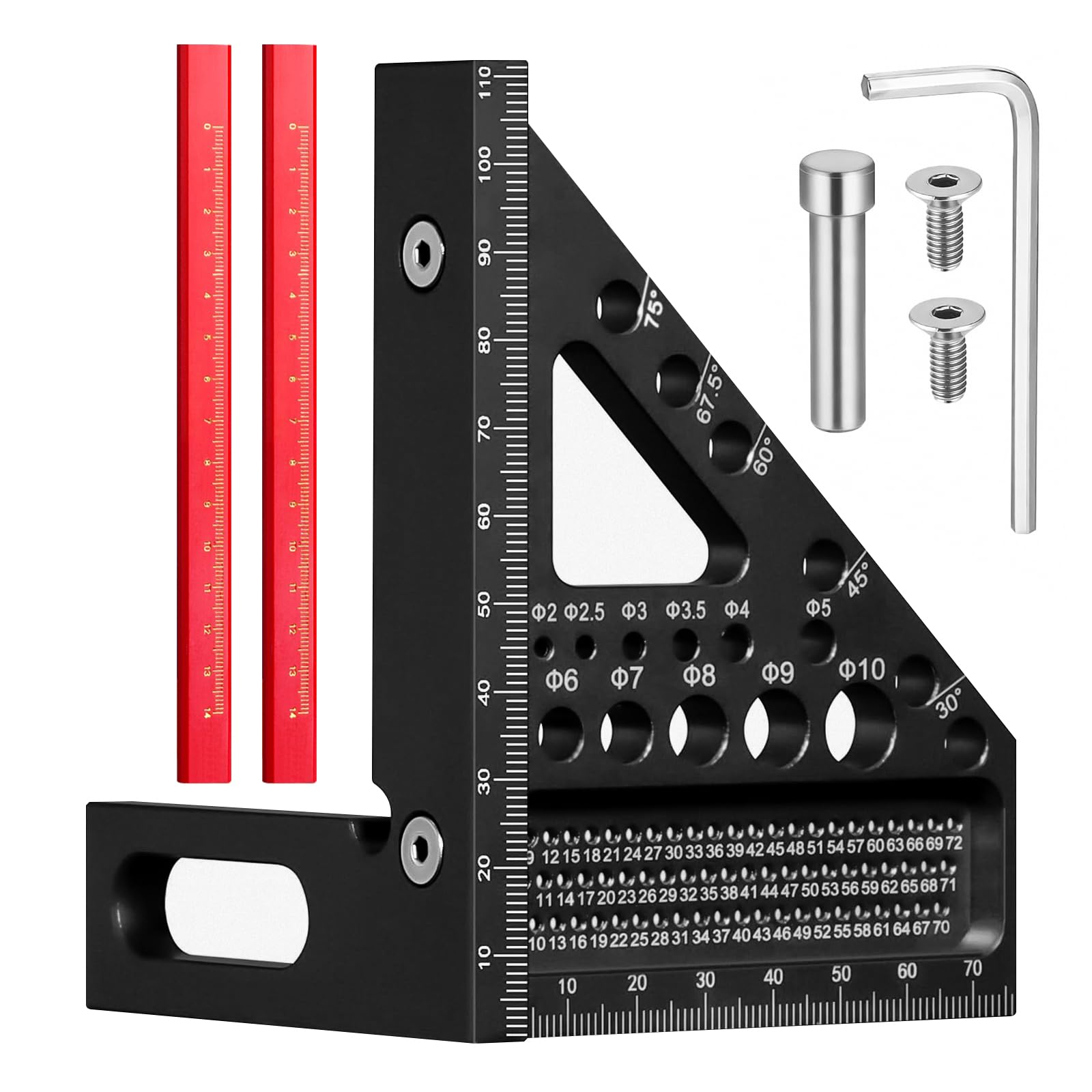 3D - Escuadra de carpintería con lápiz multi-ángulo, lápiz de carpintería, plegable, aluminio 22,5-90 °, con ayuda al posicionamiento, herramientas de carpintería, color negro