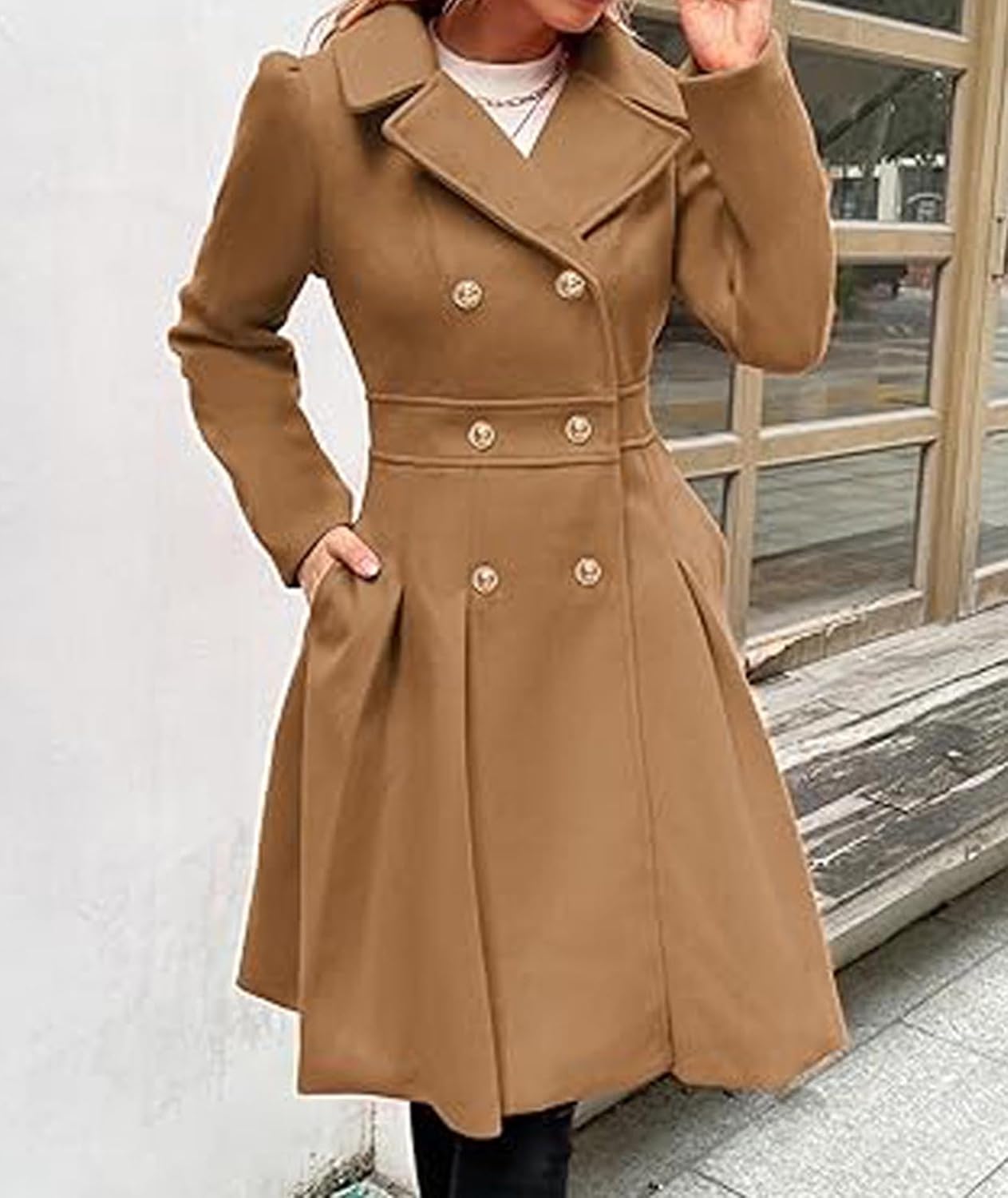 SEMATOMALA Women's Double Breasted A Line Trench Coat Notched Lapel Wool Blend Pea Coats Jacket with Pockets - Image 2