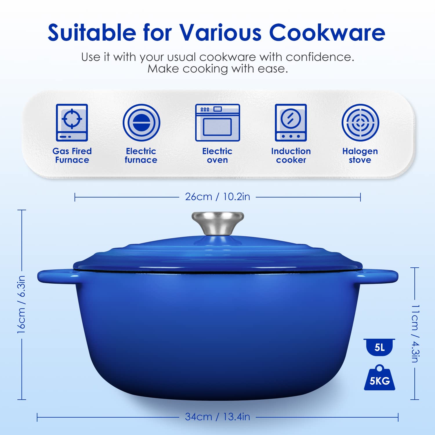 Pentola In Ghisa Smaltata Blu 4L - Rostiera Rotonda Con Coperchio Per Forno E Induzione