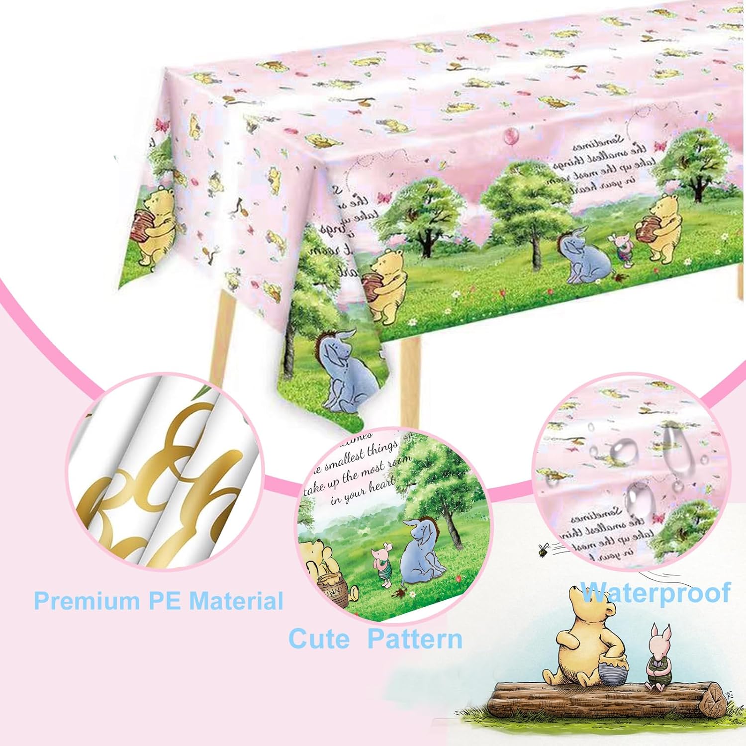 3PCS Pink Winnie Tablecloth Baby Shower Decorations Bear Table Cover Watercolor Plastic Disposable Thickened Tablecloth Oh Baby Gender Reveal Birthday Party Supplies for Kids Boys Girls - 54x108IN