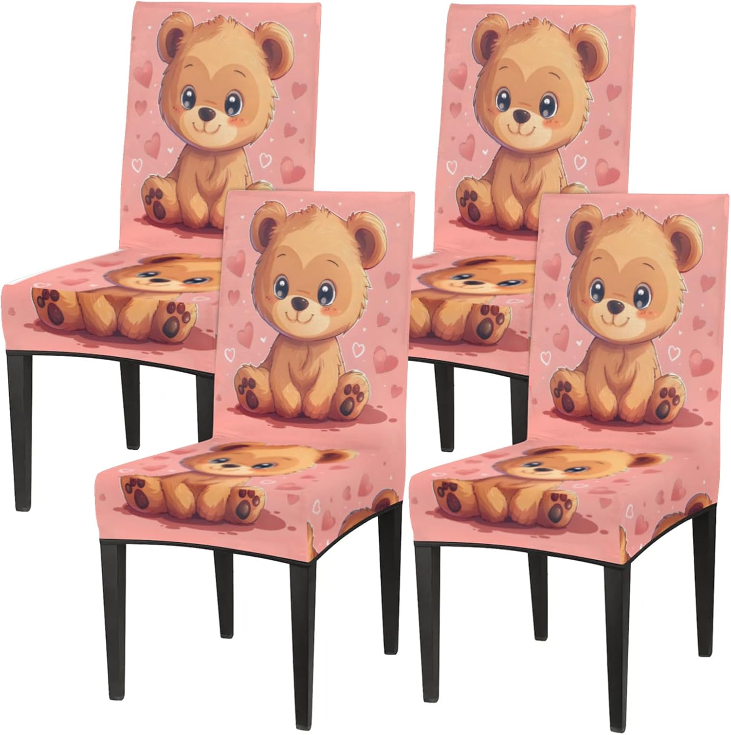 QsirBC Cute Bears Lovers Stretch Dining Room Chair Covers Set of 6 Chair Slipcovers Removable Washable Kitchen Seat Covers Chair Protectors for Hotel Party Wedding