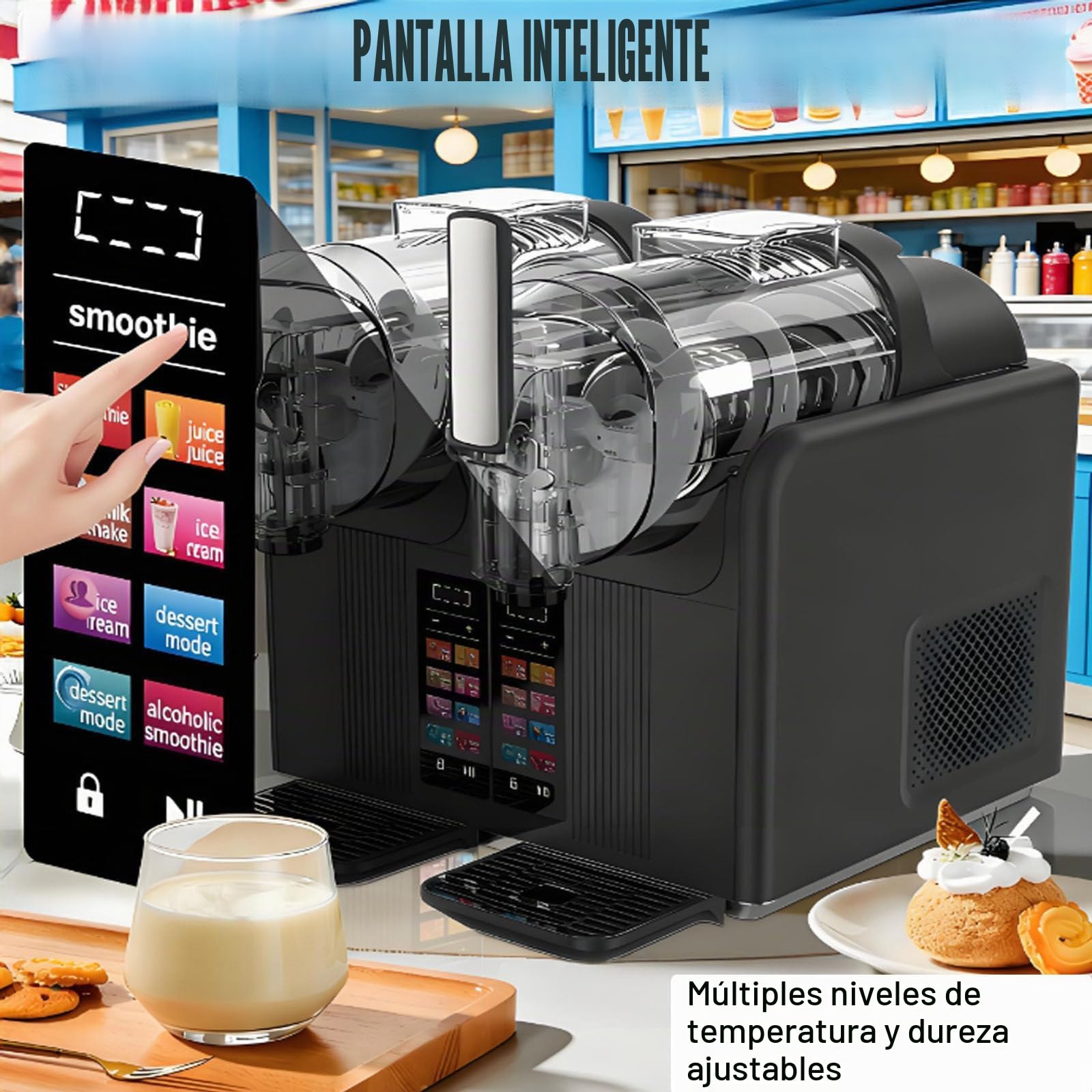 Máquina Para Hacer Granizados, Máquina Para Granizados 7 En 1, Máquina De Helado Suave De Doble Cabezal, Dos Depósitos De 2 Litros, 430 W, Panel Táctil Con Limpieza Automática Black