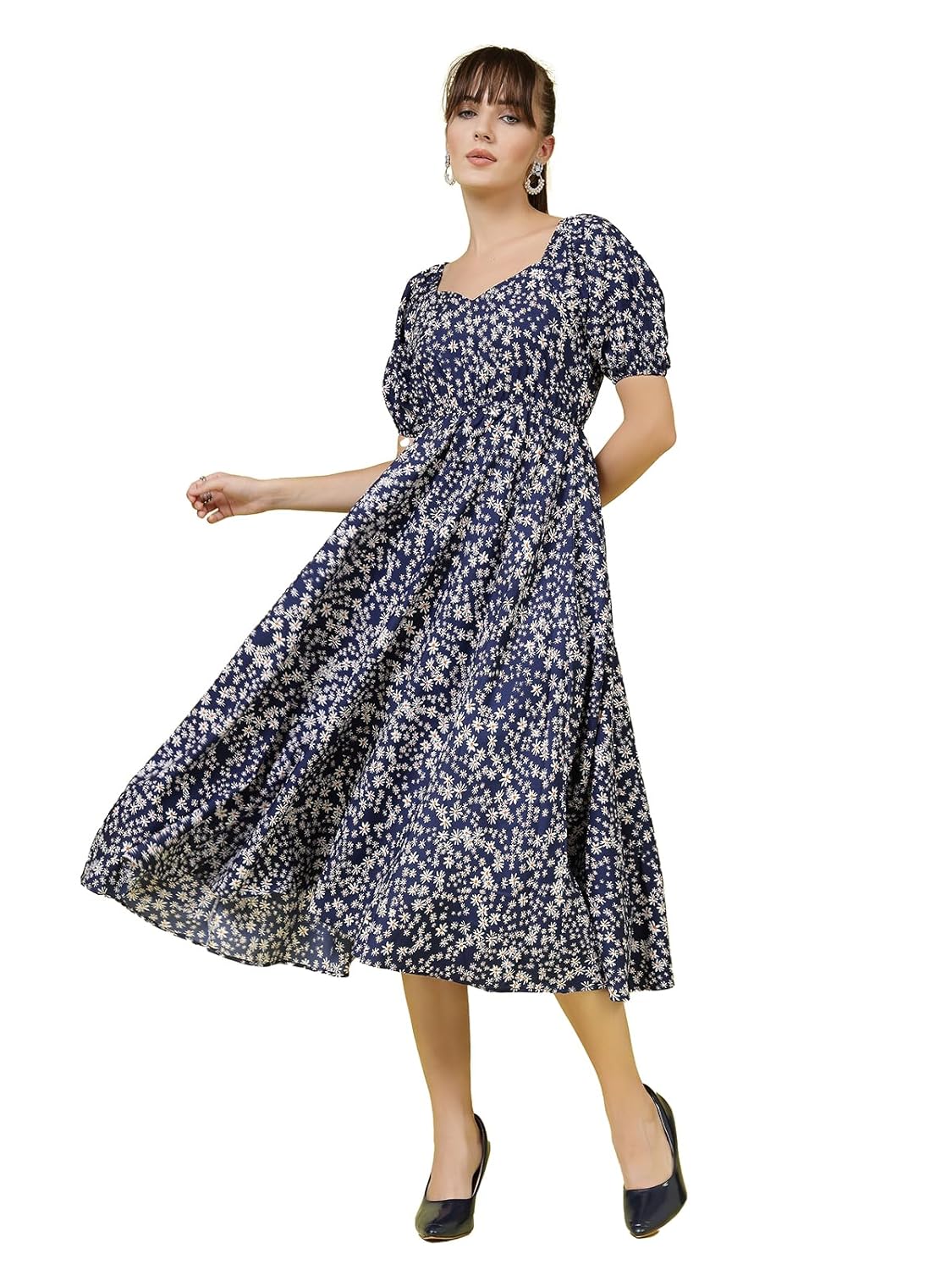 OOMPH! Below Knee Shift Pink Dress in Crepe Fabric with Round Neck and Puff Sleeves – md619l