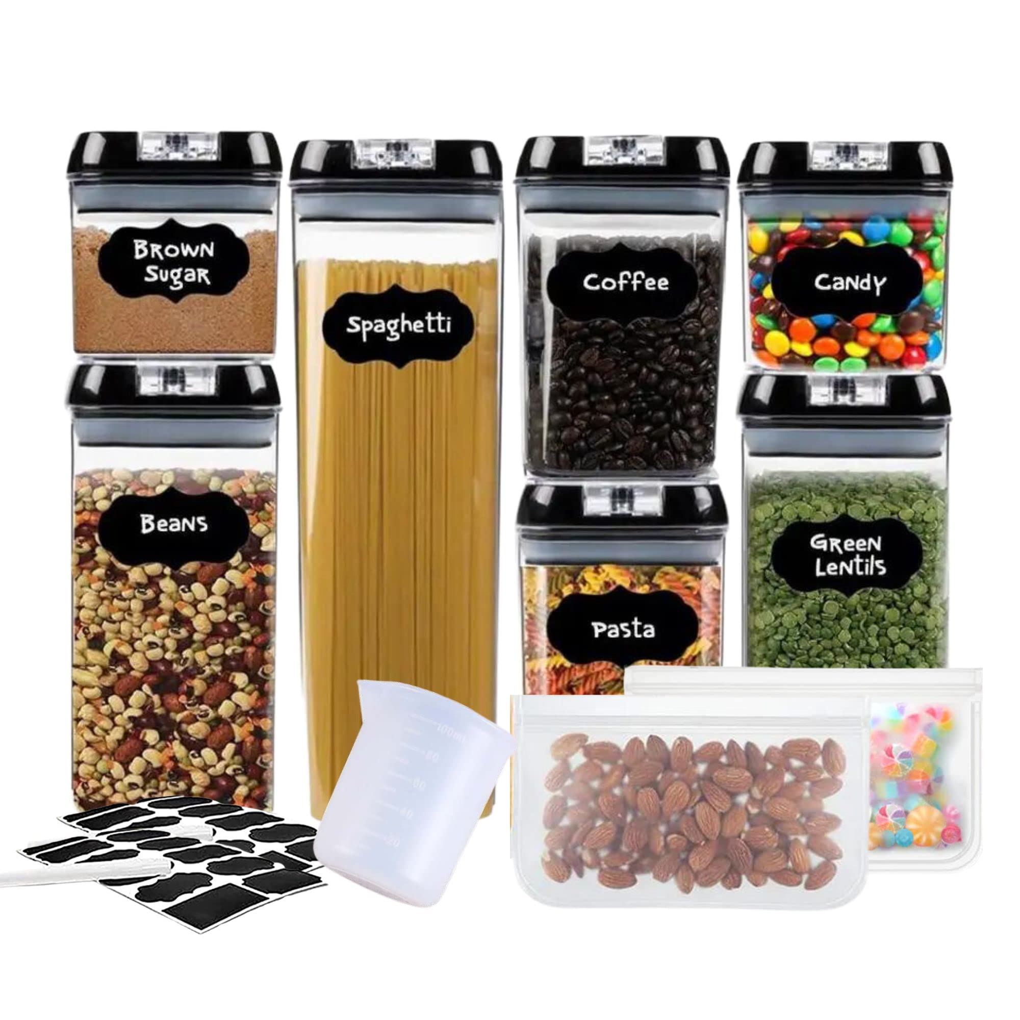 SEVENDOT7 Airtight Food storage container set 7 pc leakproof sealed lids for kitchen organizer BPA-free plastic organizers for pantry to store with measuring cup, label, pen, food storage bags.
